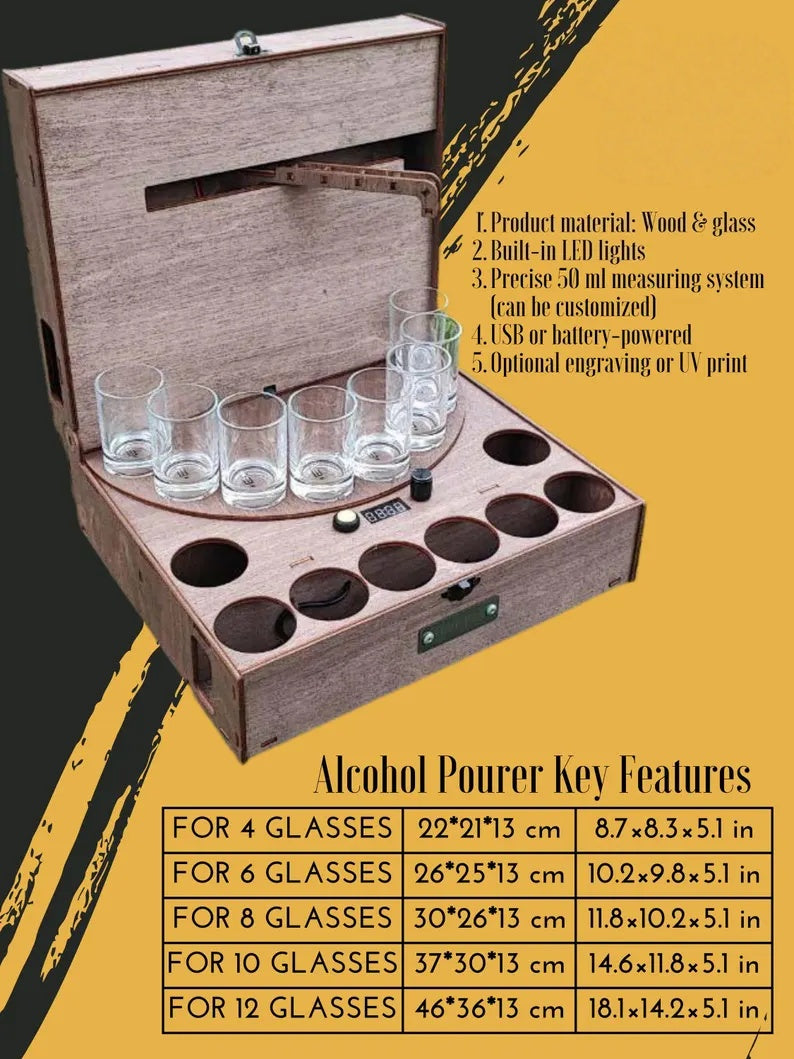 LED Automatic Alcohol Dispenser with Adjustable Pour & Shot Glasses
