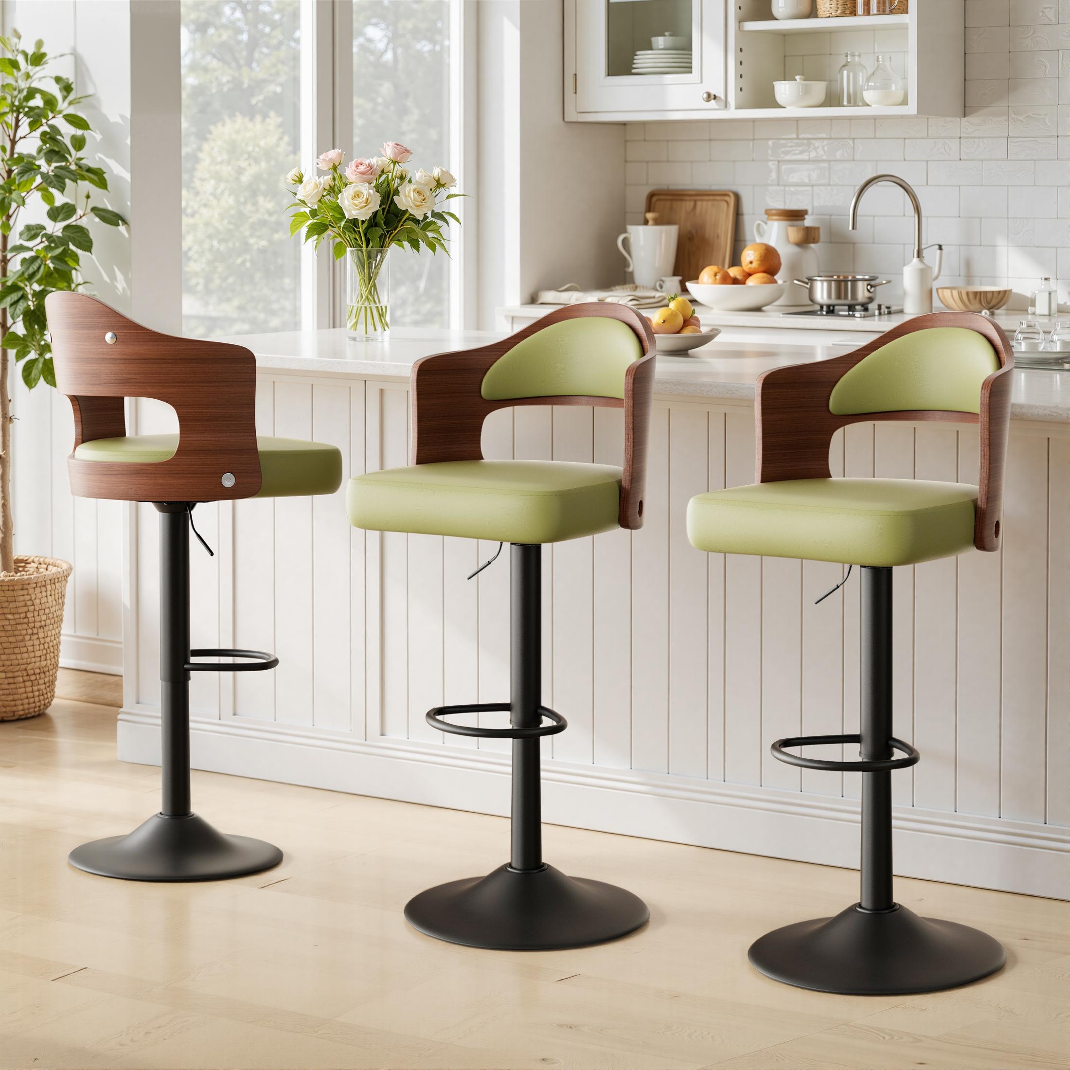 Swivel Bar Stools Set of 1/2 Seat Adjustable Height 24.5-33.5IN, Wooden Barstools PU Leather Upholstered Bar Chairs with Back & Footrest for Bar Kitchen Dining Room