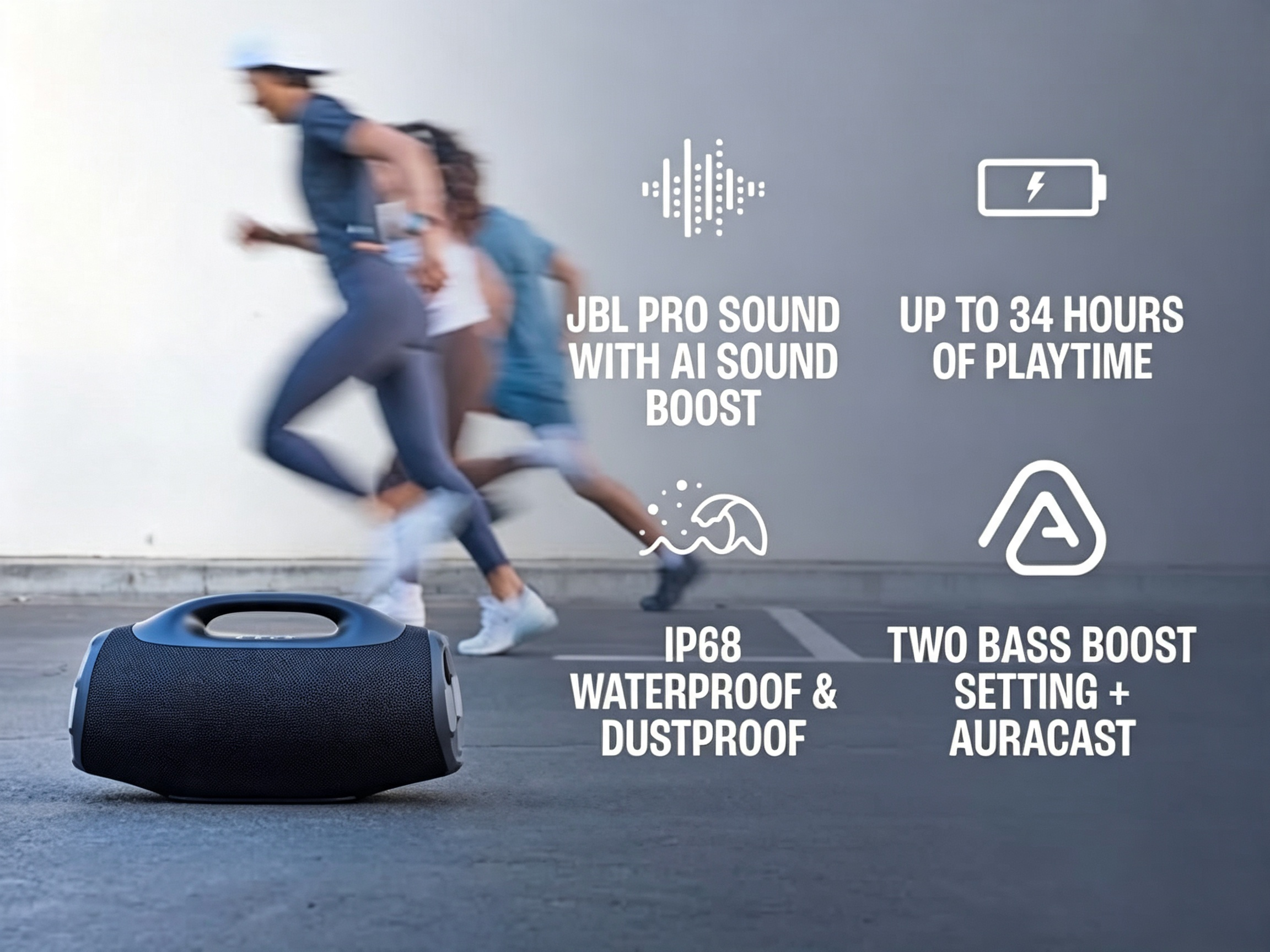 Key features overview showing AI Sound Boost, 34-hour battery, IP68 rating and bass boost settings
