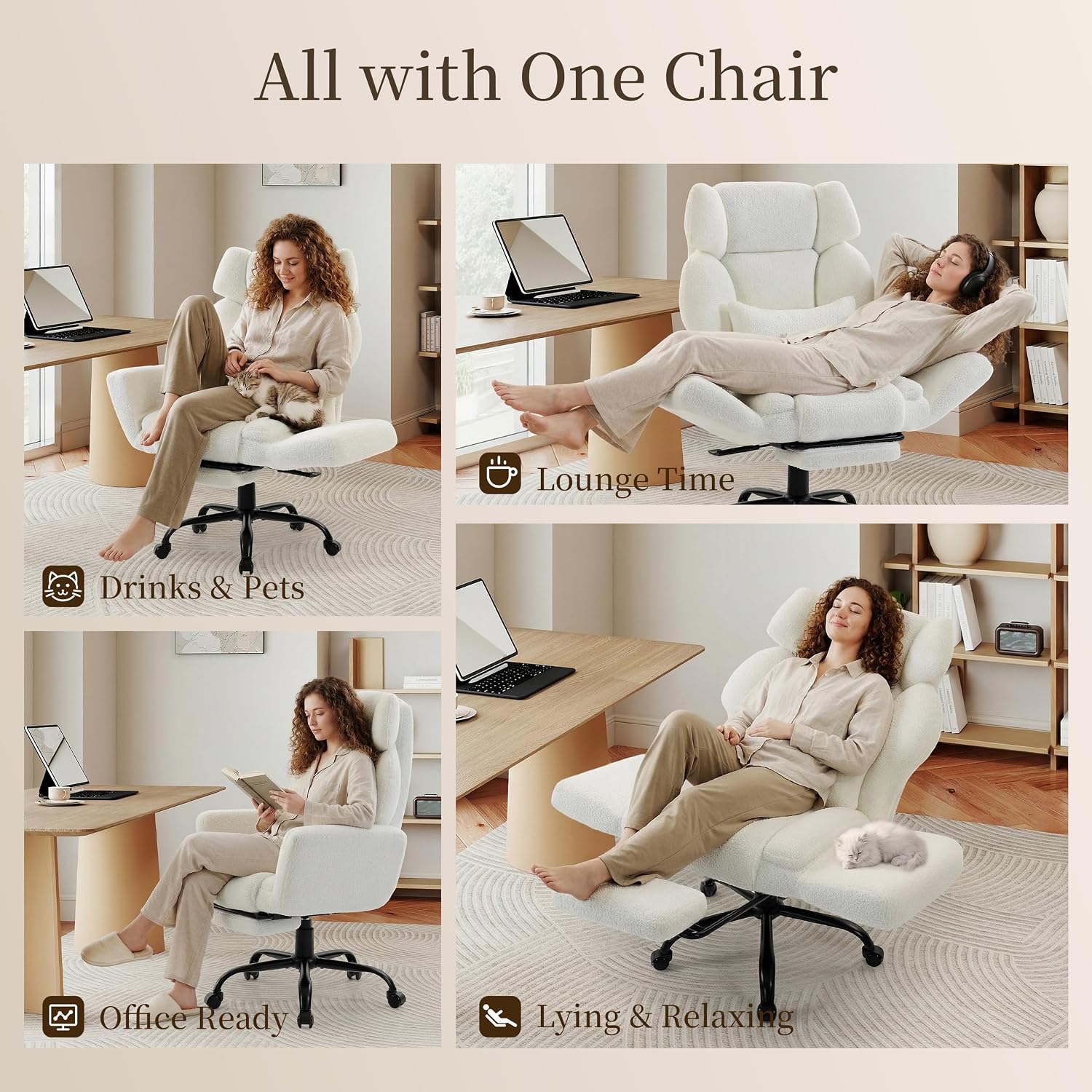 Office Chair with Flip Armrests,Big and Tall Office Chair with Foot Rest,Extra Wide Seat & Lumbar Pillow,Ergonomic Computer Gaming Chair,Comfy Criss Cross Chair for Pets Sitting,Teddy Fleece,White