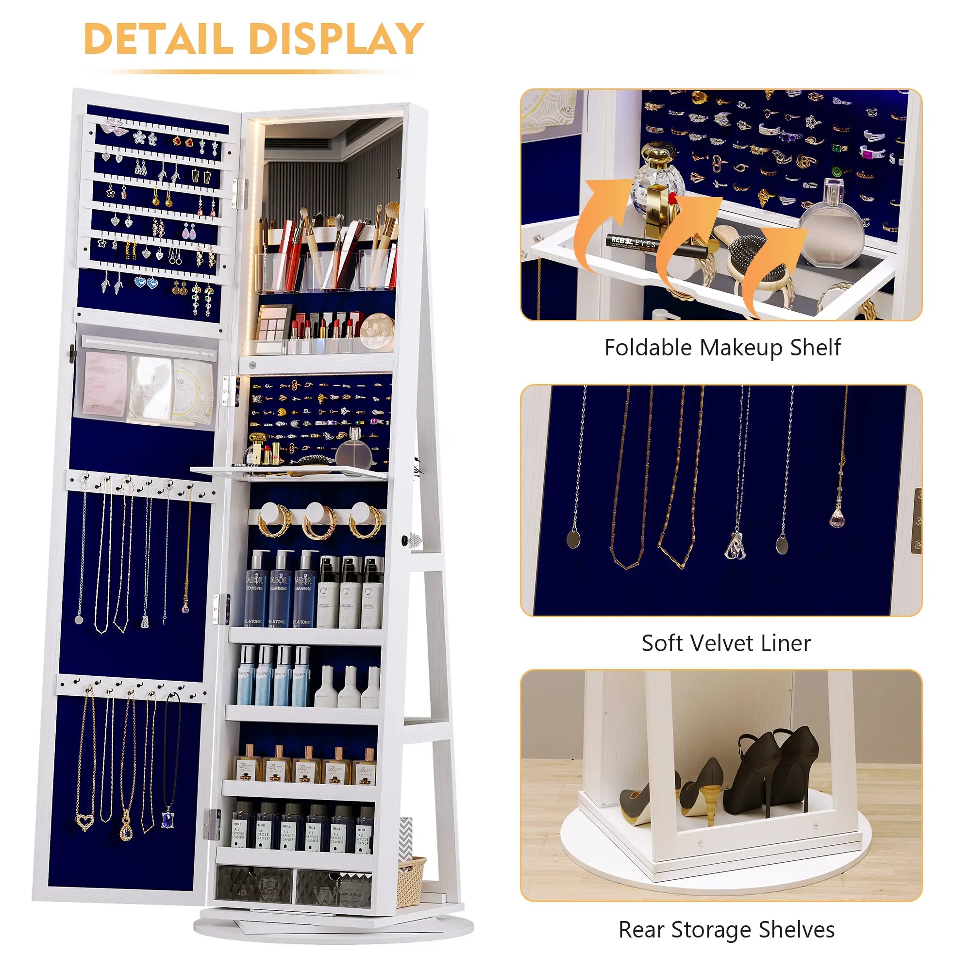 🪞 360° Rotating LED Lockable Jewelry Armoire with Full‑Length Mirror