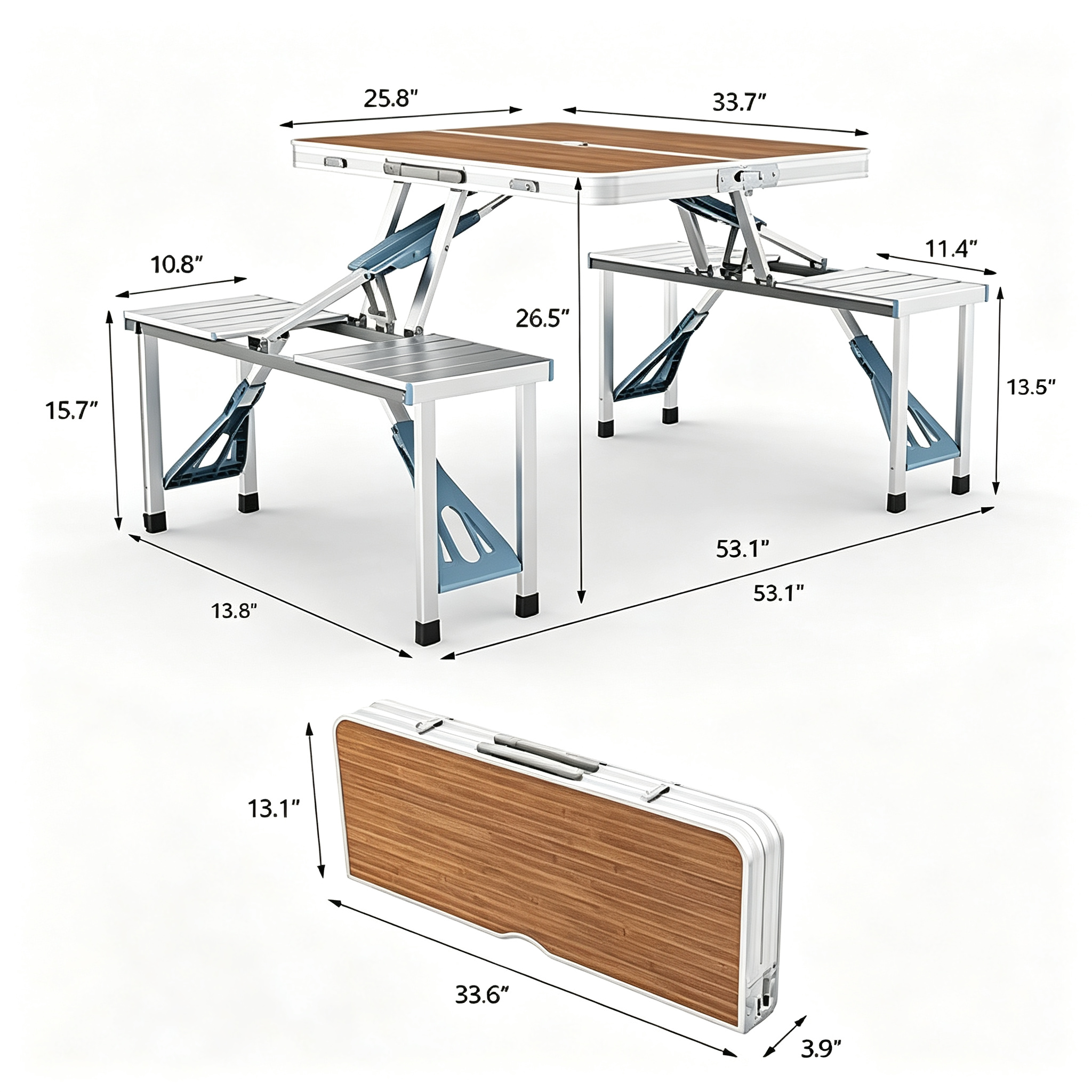 4 Ft Camping Picnic Table Set with 4 Seats with Umbrella Hole Folding Lightweight Suitcase Card Table-220 Lbs Support Aluminum Frame, Plastic RV Tabletop for Barbecue,Travel,Outing,Gathering
