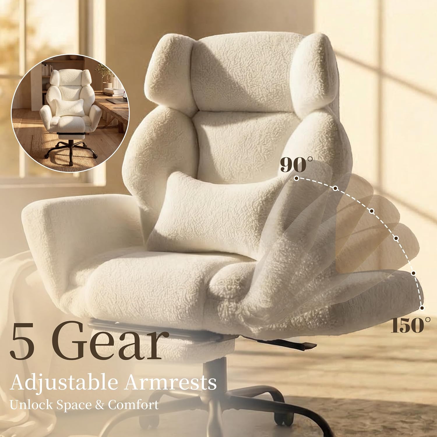 Office Chair with Flip Armrests,Big and Tall Office Chair with Foot Rest,Extra Wide Seat & Lumbar Pillow,Ergonomic Computer Gaming Chair,Comfy Criss Cross Chair for Pets Sitting,Teddy Fleece,White
