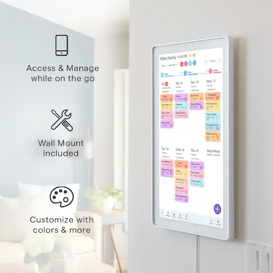 Smart touchscreen calendar mounted vertically in portrait mode on wall for tighter spaces