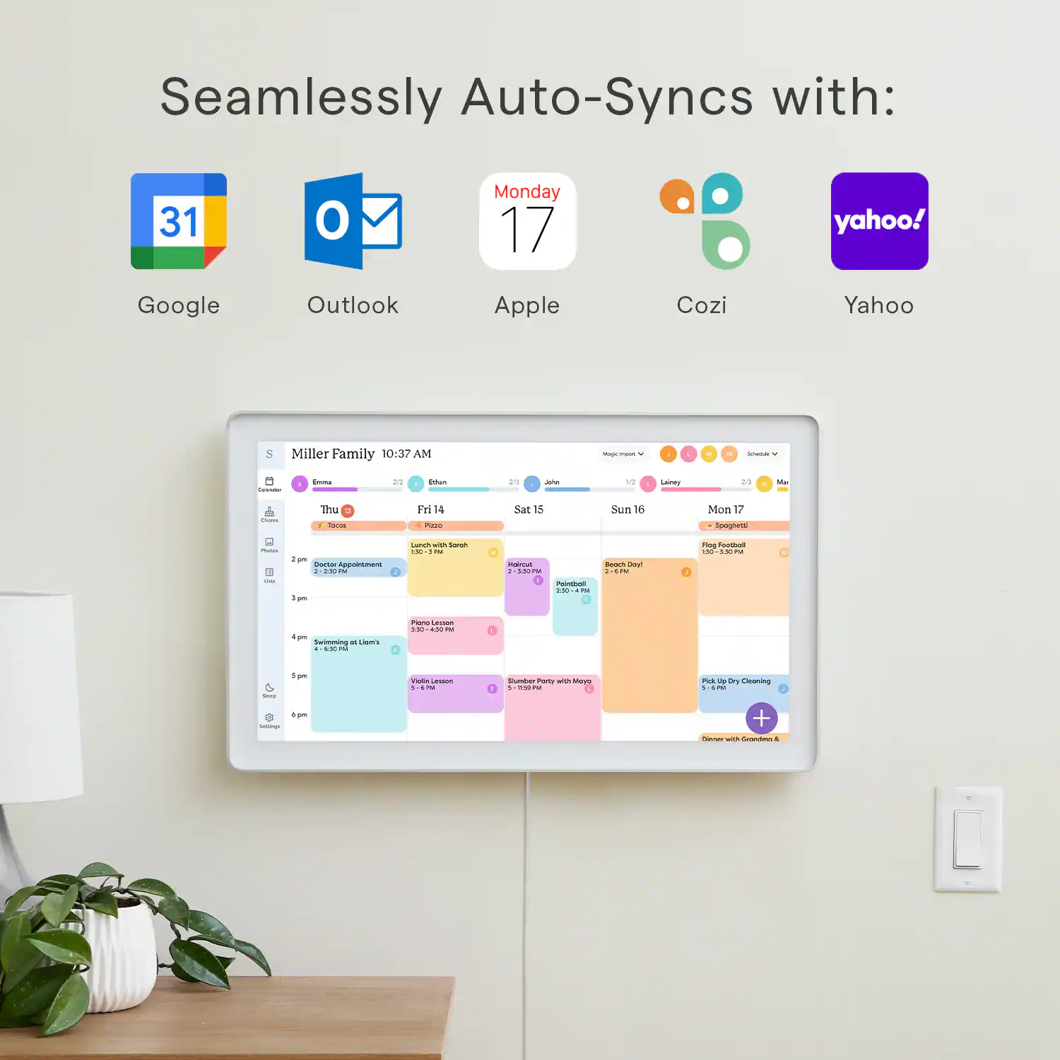 Mobile app for smart calendar with auto-sync to popular email and calendar services for remote family schedule management