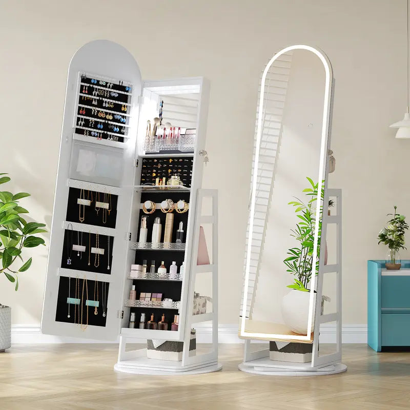🪞 360° Rotating LED Lockable Jewelry Armoire with Full‑Length Mirror