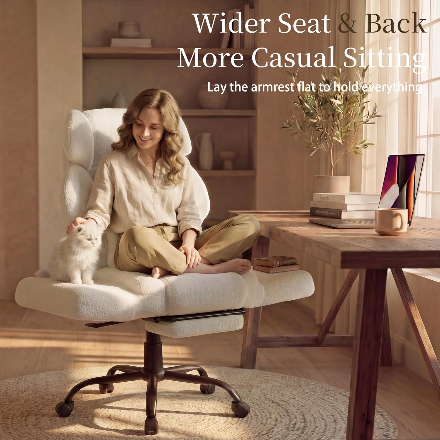 Office Chair with Flip Armrests,Big and Tall Office Chair with Foot Rest,Extra Wide Seat & Lumbar Pillow,Ergonomic Computer Gaming Chair,Comfy Criss Cross Chair for Pets Sitting,Teddy Fleece,White