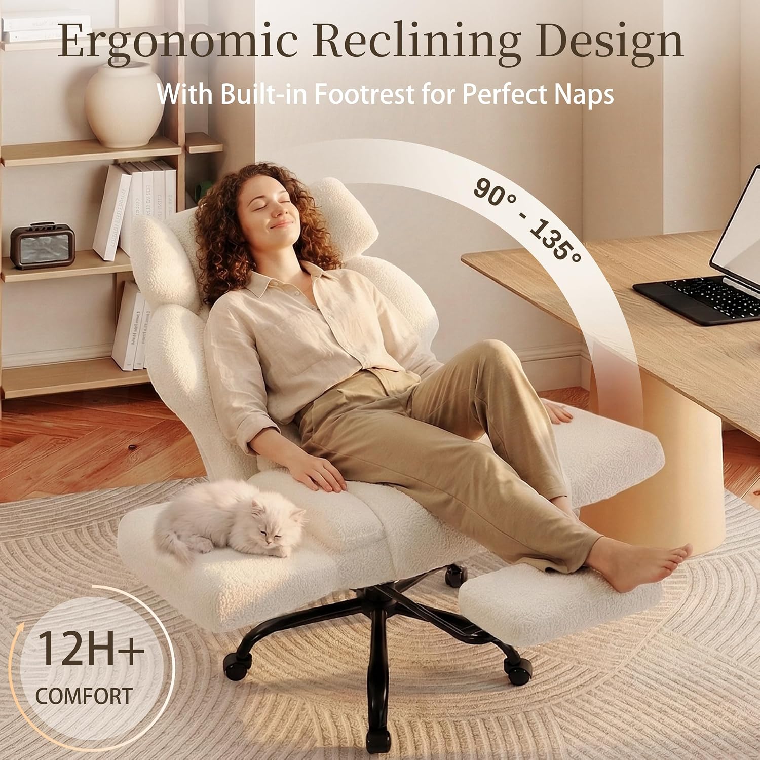 Office Chair with Flip Armrests,Big and Tall Office Chair with Foot Rest,Extra Wide Seat & Lumbar Pillow,Ergonomic Computer Gaming Chair,Comfy Criss Cross Chair for Pets Sitting,Teddy Fleece,White