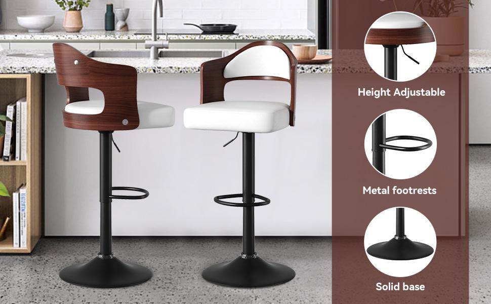 Swivel Bar Stools Set of 1/2 Seat Adjustable Height 24.5-33.5IN, Wooden Barstools PU Leather Upholstered Bar Chairs with Back & Footrest for Bar Kitchen Dining Room