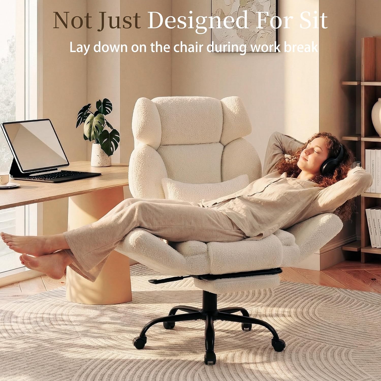 Office Chair with Flip Armrests,Big and Tall Office Chair with Foot Rest,Extra Wide Seat & Lumbar Pillow,Ergonomic Computer Gaming Chair,Comfy Criss Cross Chair for Pets Sitting,Teddy Fleece,White