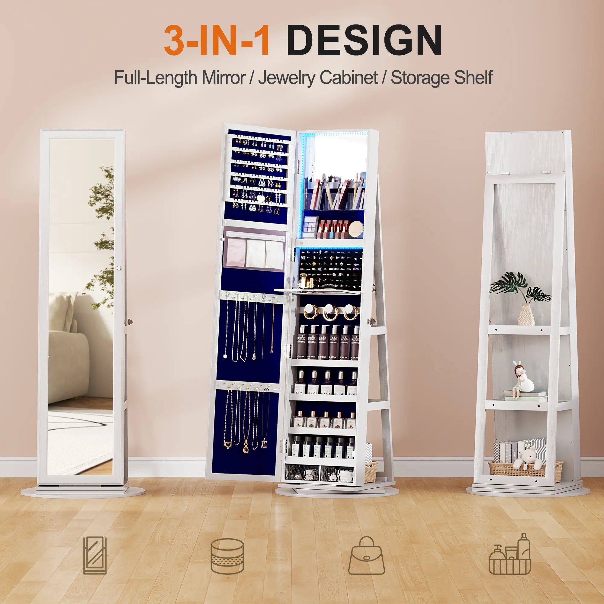 🪞 360° Rotating LED Lockable Jewelry Armoire with Full‑Length Mirror