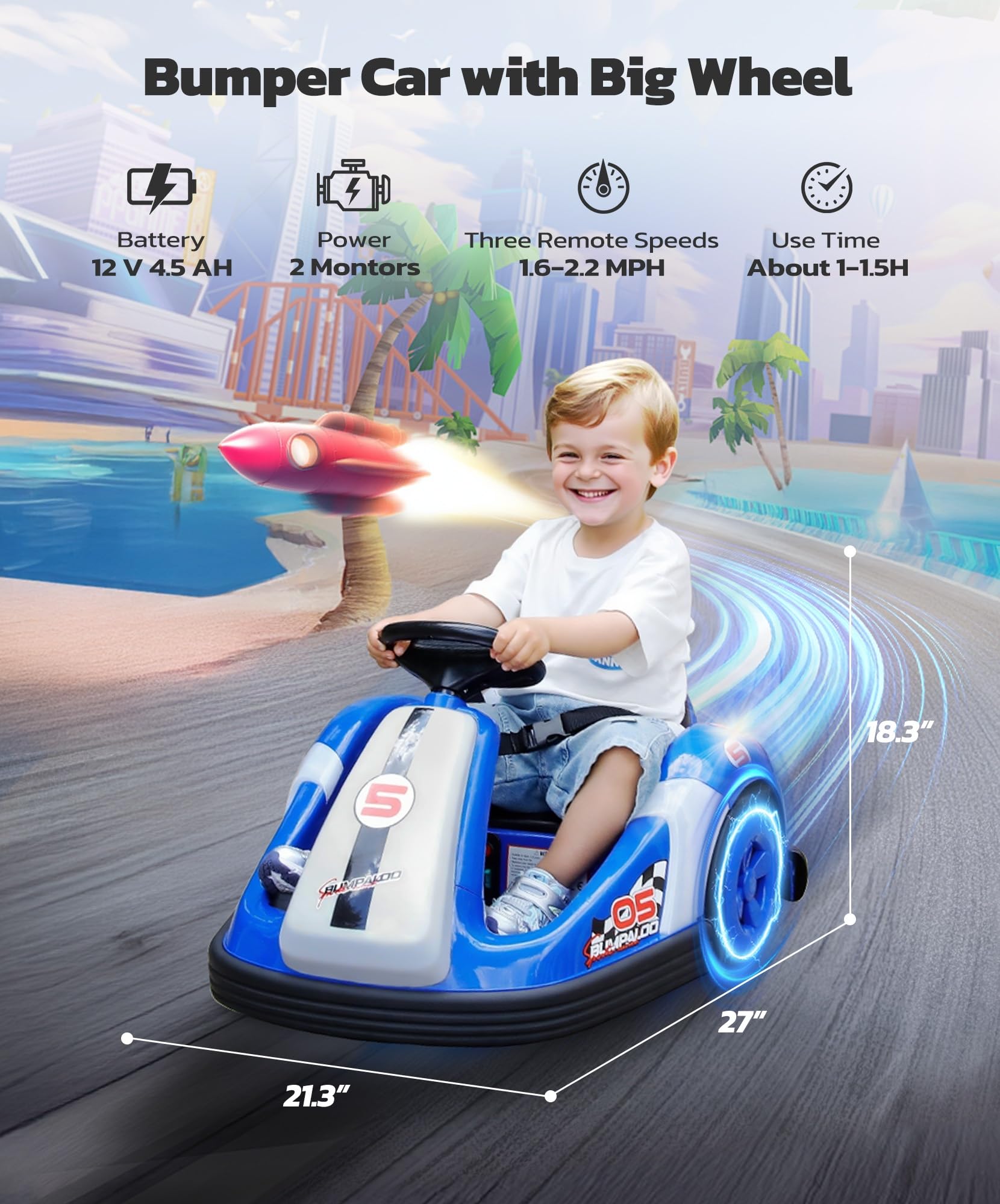 Kids Bumper Car with Big Wheel, 2.2 Mph Max, 12V Toddler Bumper Cars with Remote, Baby Bumping Toy Car with DIY Stickers, Music, Bluetooth,360 Degree-Spin,LED Lights