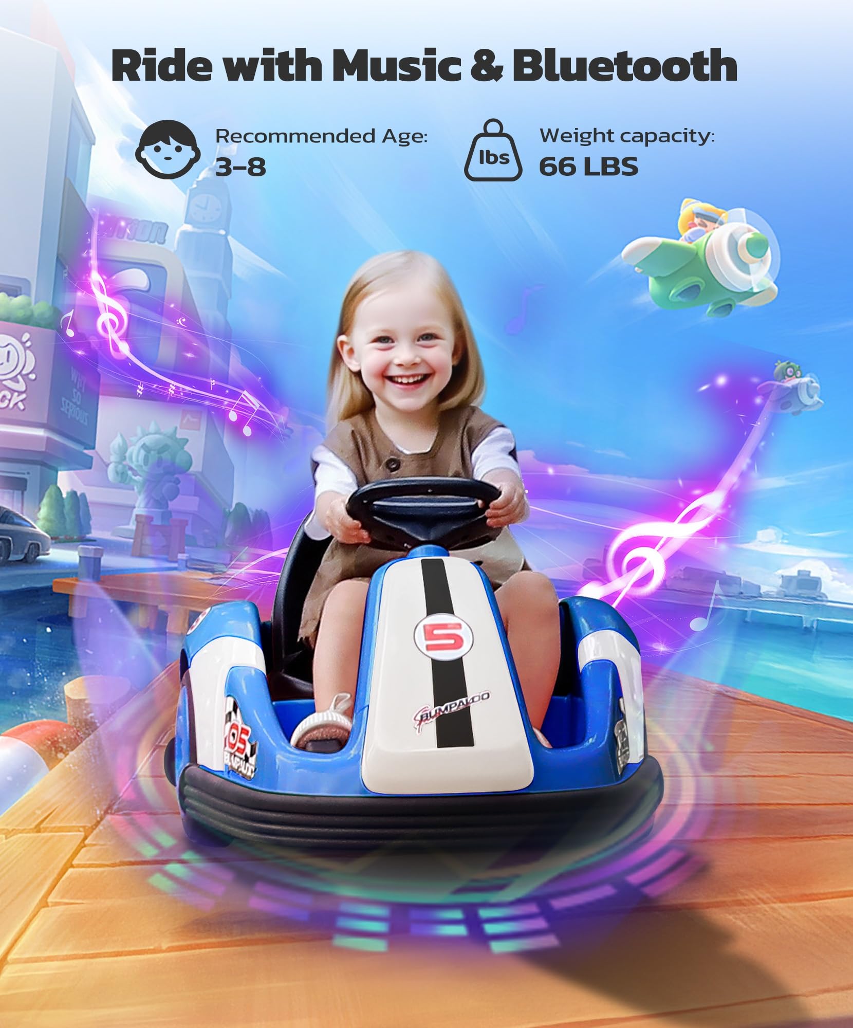 Kids Bumper Car with Big Wheel, 2.2 Mph Max, 12V Toddler Bumper Cars with Remote, Baby Bumping Toy Car with DIY Stickers, Music, Bluetooth,360 Degree-Spin,LED Lights