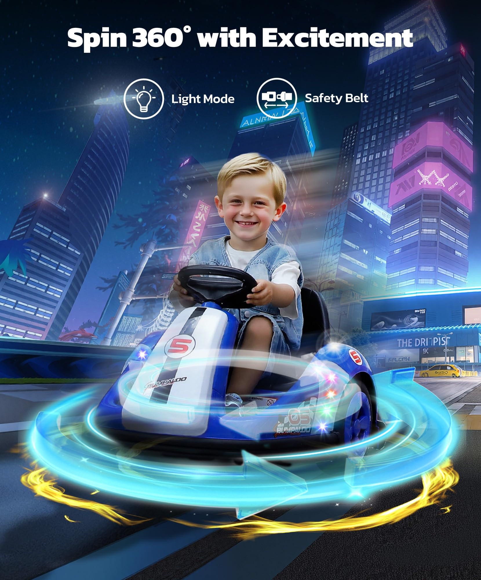 Kids Bumper Car with Big Wheel, 2.2 Mph Max, 12V Toddler Bumper Cars with Remote, Baby Bumping Toy Car with DIY Stickers, Music, Bluetooth,360 Degree-Spin,LED Lights