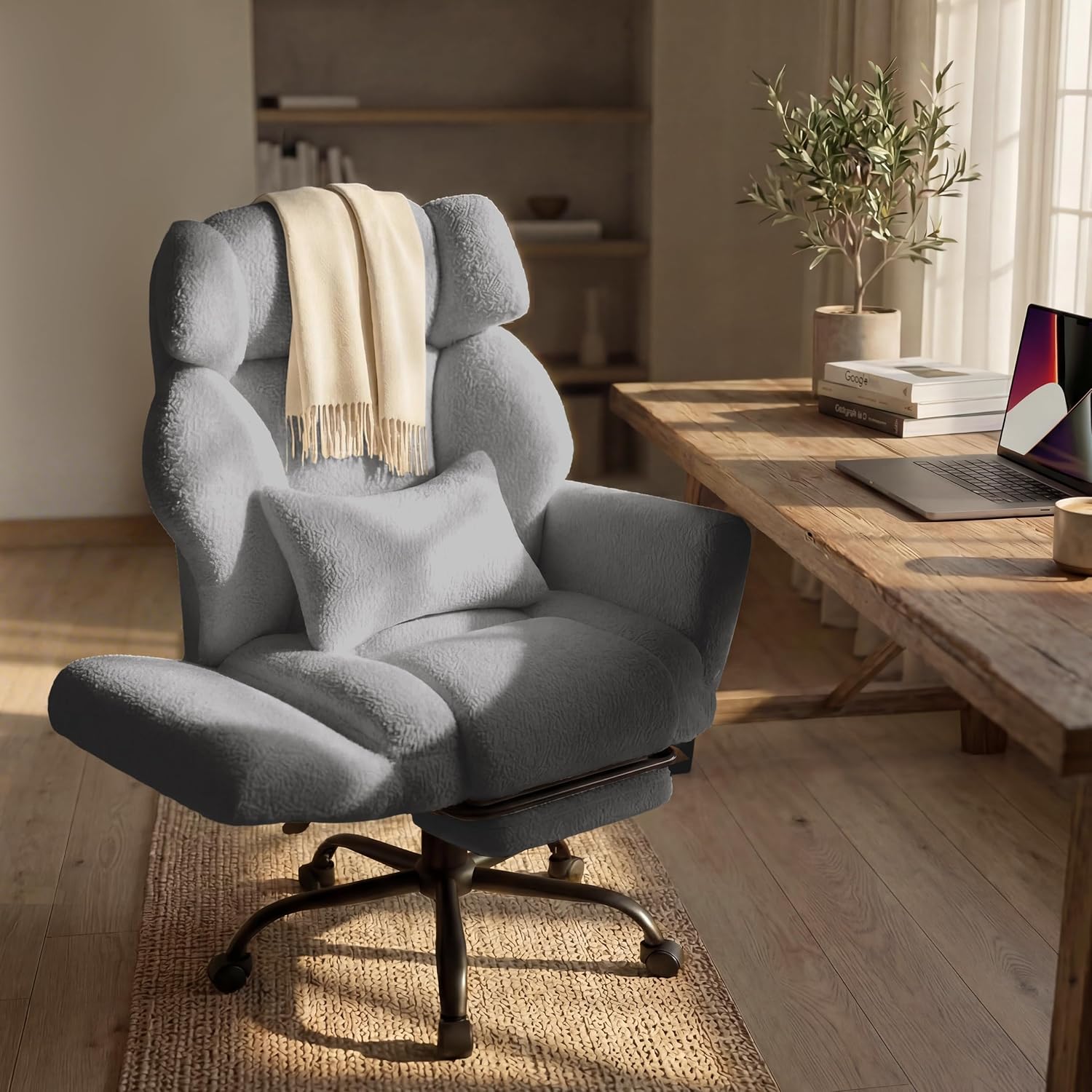 Office Chair with Flip Armrests,Big and Tall Office Chair with Foot Rest,Extra Wide Seat & Lumbar Pillow,Ergonomic Computer Gaming Chair,Comfy Criss Cross Chair for Pets Sitting,Teddy Fleece,White