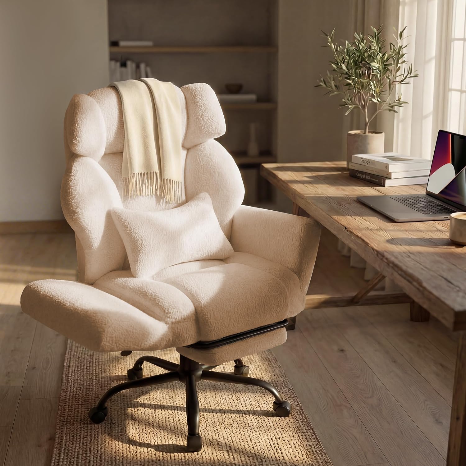 Office Chair with Flip Armrests,Big and Tall Office Chair with Foot Rest,Extra Wide Seat & Lumbar Pillow,Ergonomic Computer Gaming Chair,Comfy Criss Cross Chair for Pets Sitting,Teddy Fleece,White