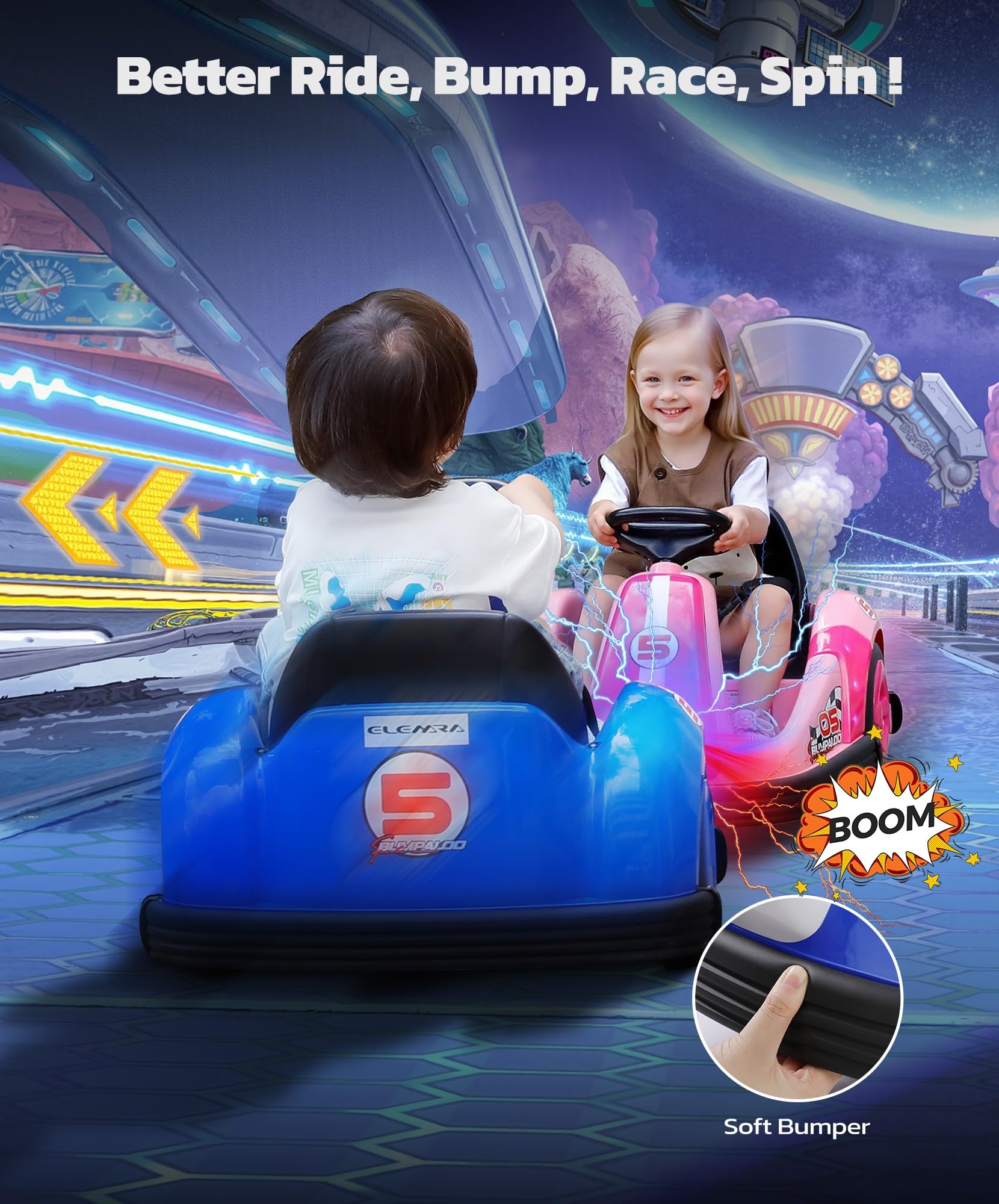 Kids Bumper Car with Big Wheel, 2.2 Mph Max, 12V Toddler Bumper Cars with Remote, Baby Bumping Toy Car with DIY Stickers, Music, Bluetooth,360 Degree-Spin,LED Lights