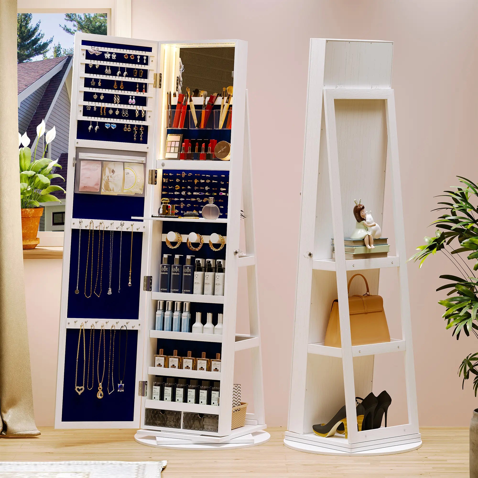 🪞 360° Rotating LED Lockable Jewelry Armoire with Full‑Length Mirror
