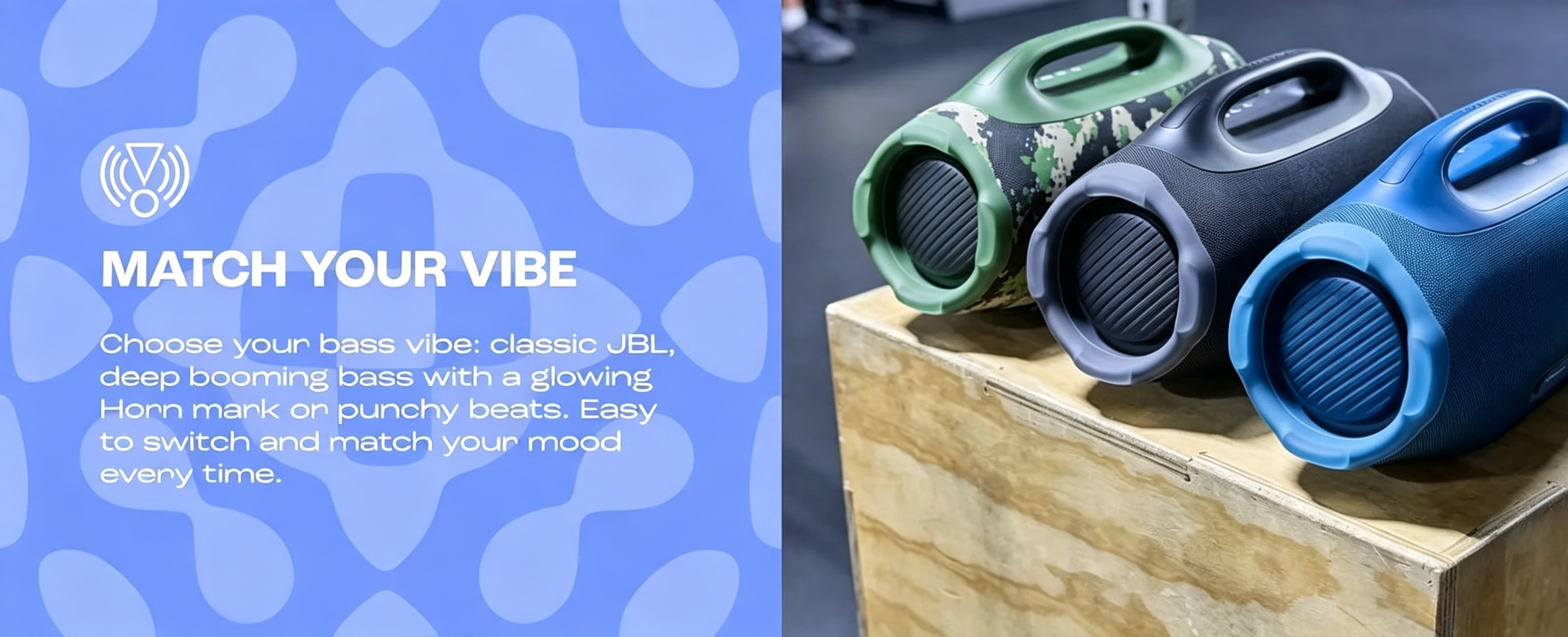 Three color variants of the speaker with bass boost matching your vibe