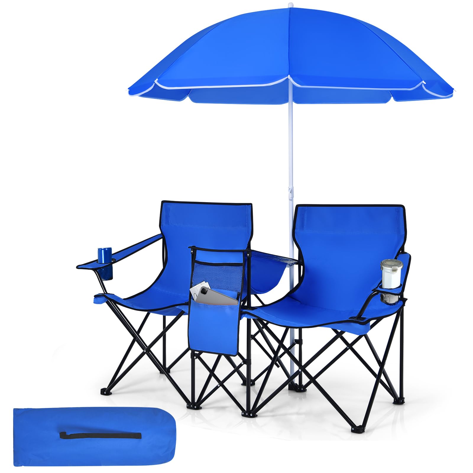 Portable Double Camping Chair with Adjustable Umbrella & Cooler Bag
