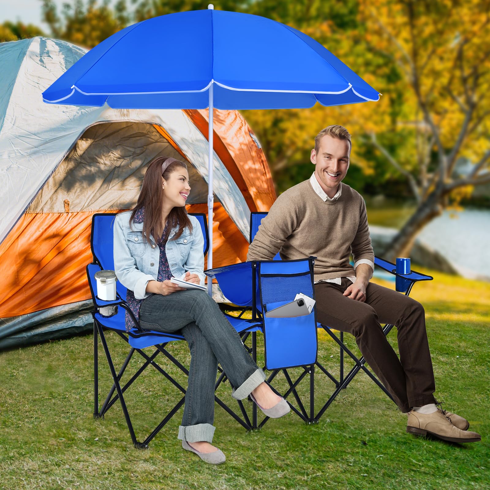 Portable Double Camping Chair with Adjustable Umbrella & Cooler Bag