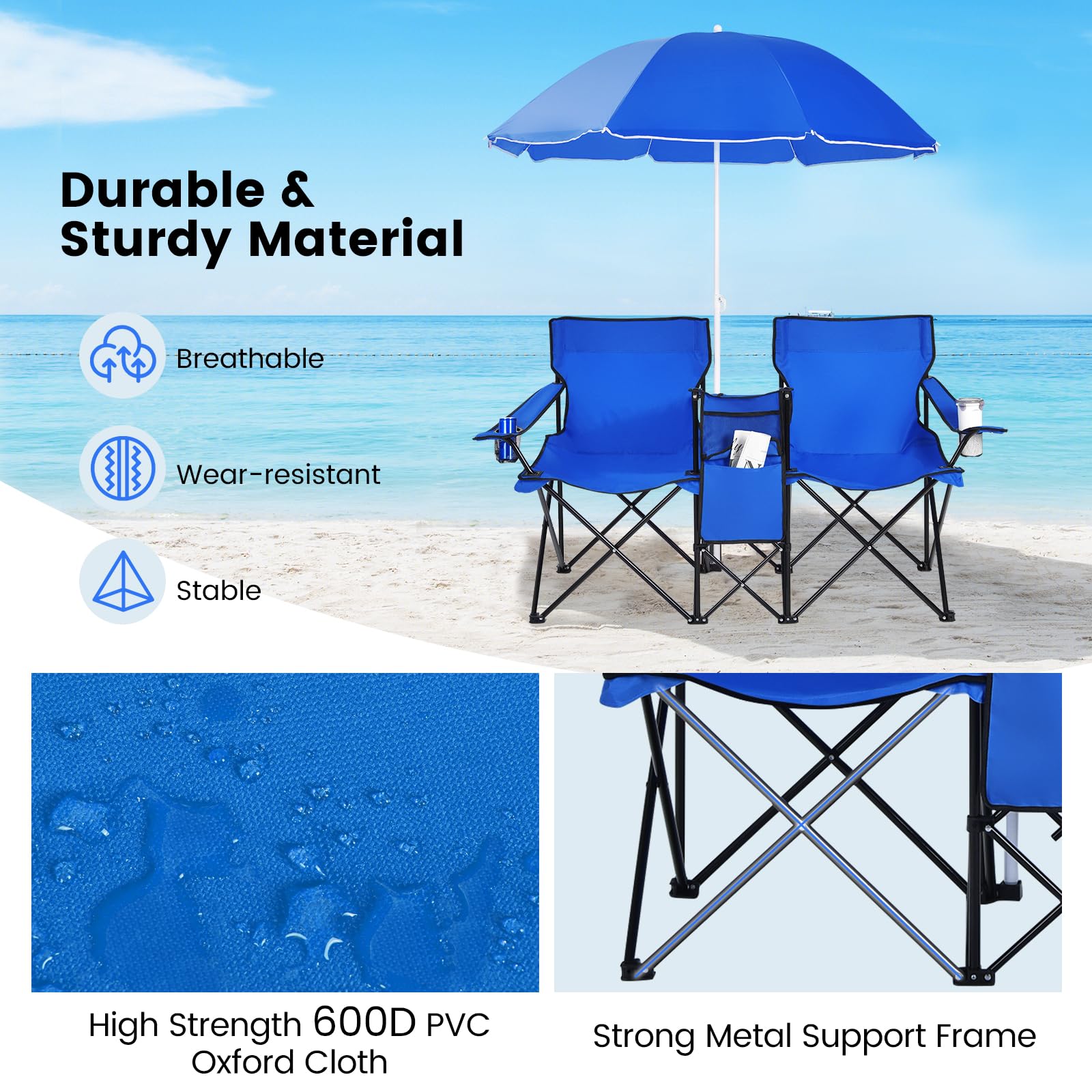 Portable Double Camping Chair with Adjustable Umbrella & Cooler Bag