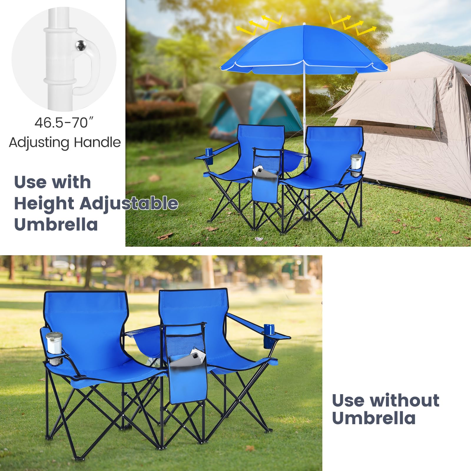 Portable Double Camping Chair with Adjustable Umbrella & Cooler Bag
