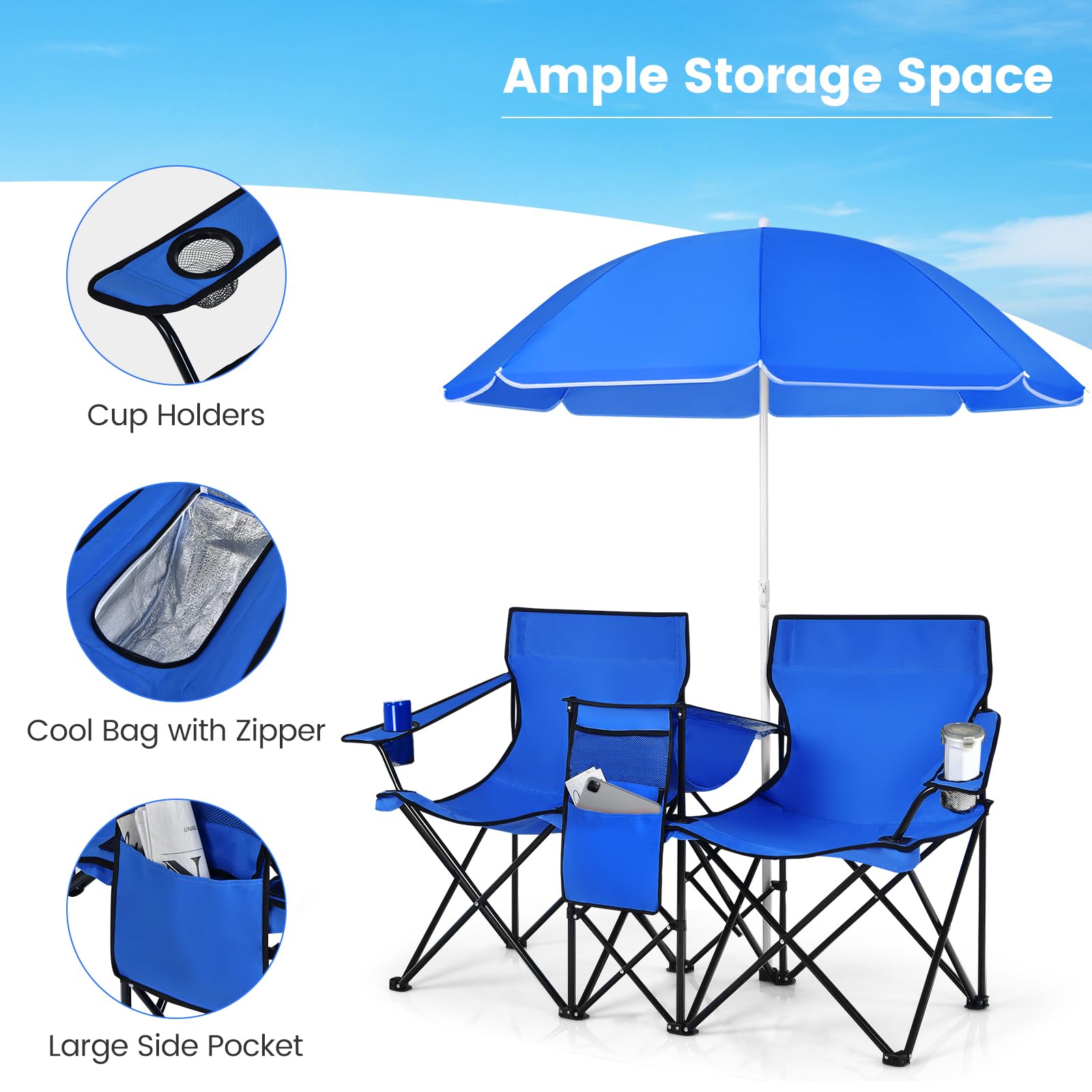 Portable Double Camping Chair with Adjustable Umbrella & Cooler Bag