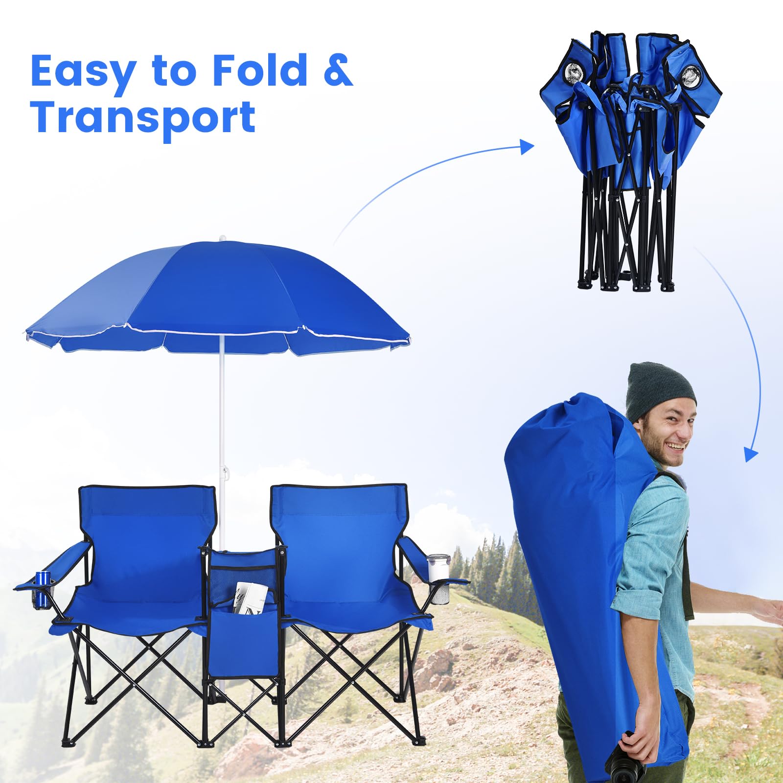 Portable Double Camping Chair with Adjustable Umbrella & Cooler Bag