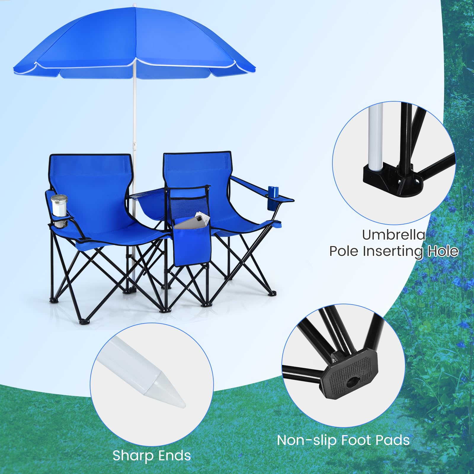 Portable Double Camping Chair with Adjustable Umbrella & Cooler Bag