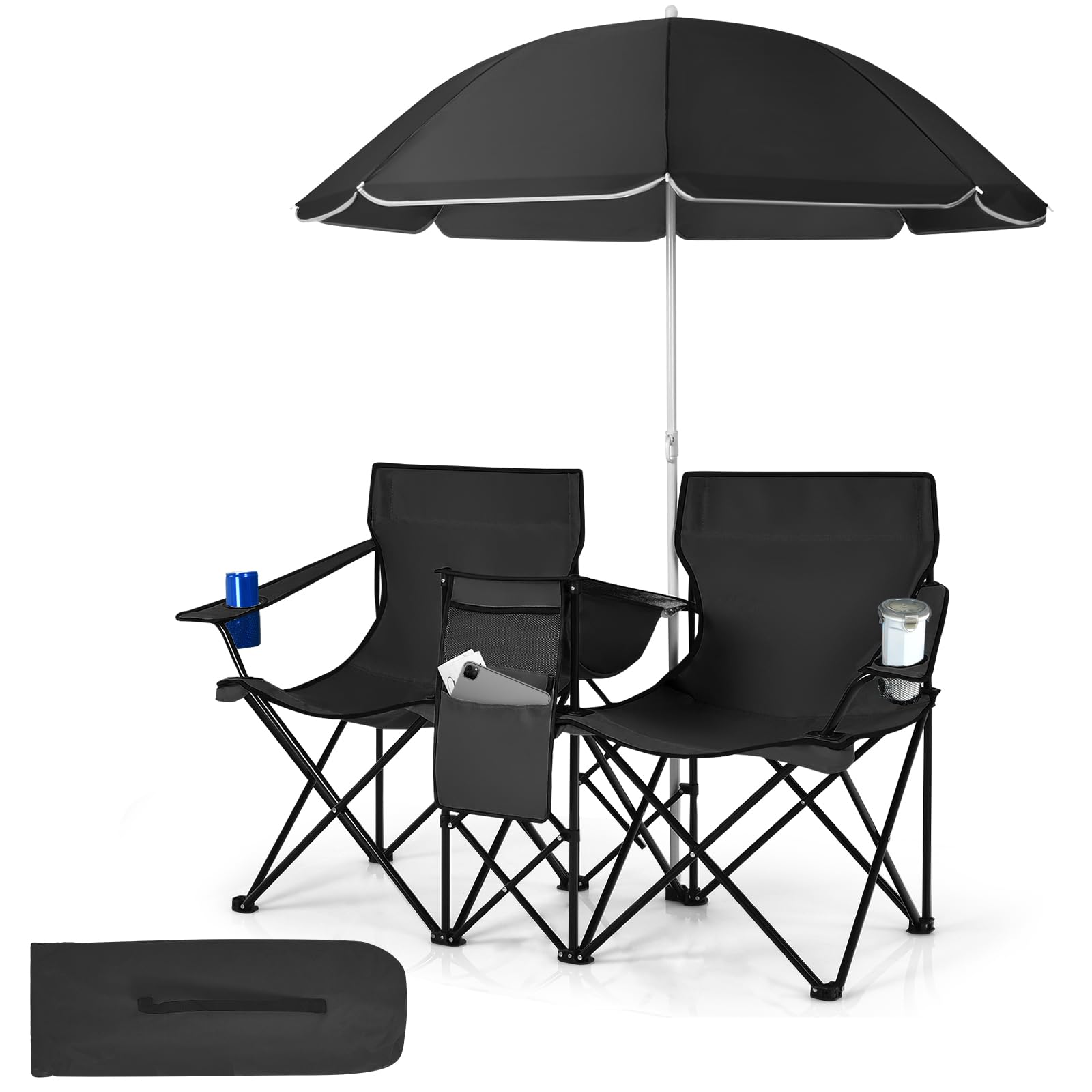 Portable Double Camping Chair with Adjustable Umbrella & Cooler Bag