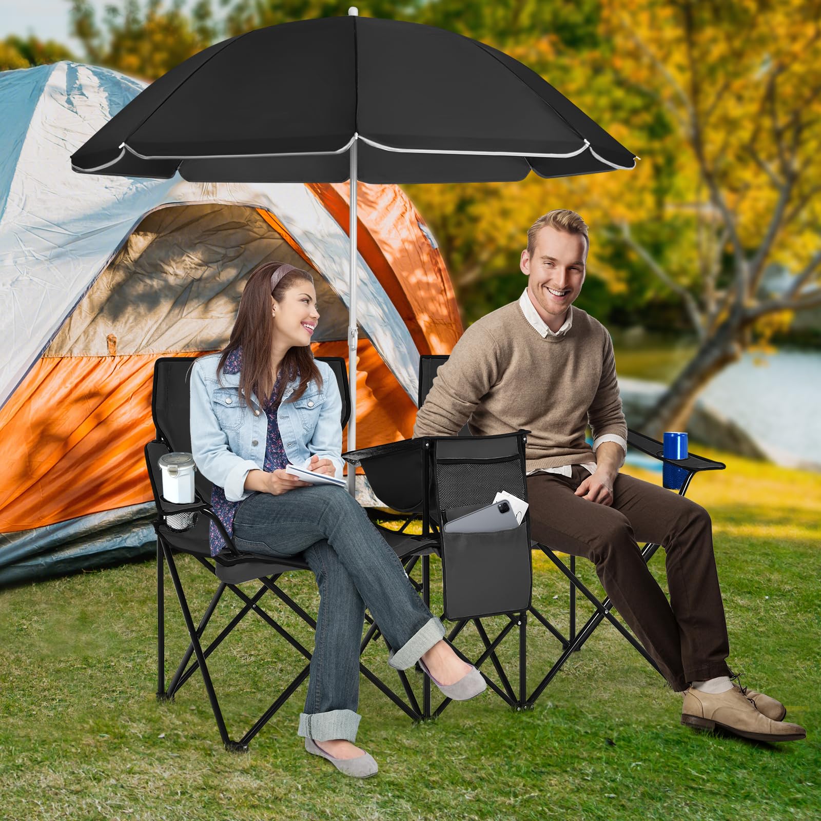 Portable Double Camping Chair with Adjustable Umbrella & Cooler Bag
