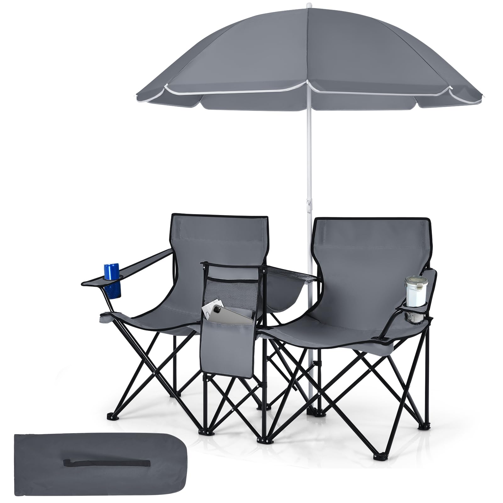 Portable Double Camping Chair with Adjustable Umbrella & Cooler Bag