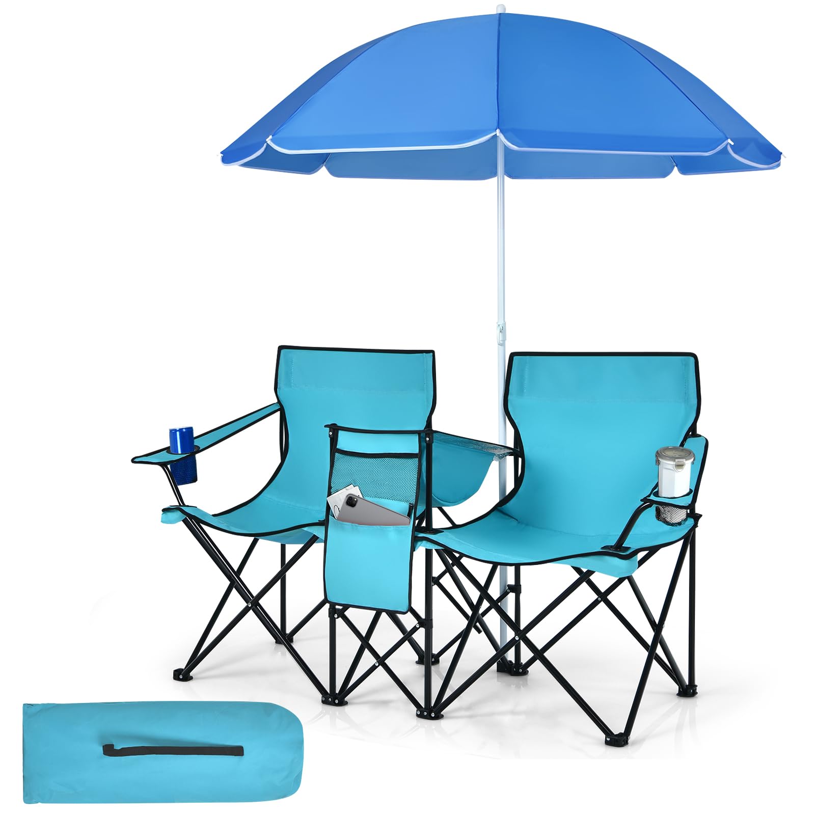 Portable Double Camping Chair with Adjustable Umbrella & Cooler Bag