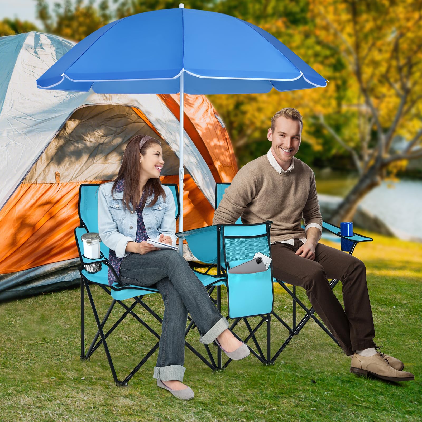 Portable Double Camping Chair with Adjustable Umbrella & Cooler Bag