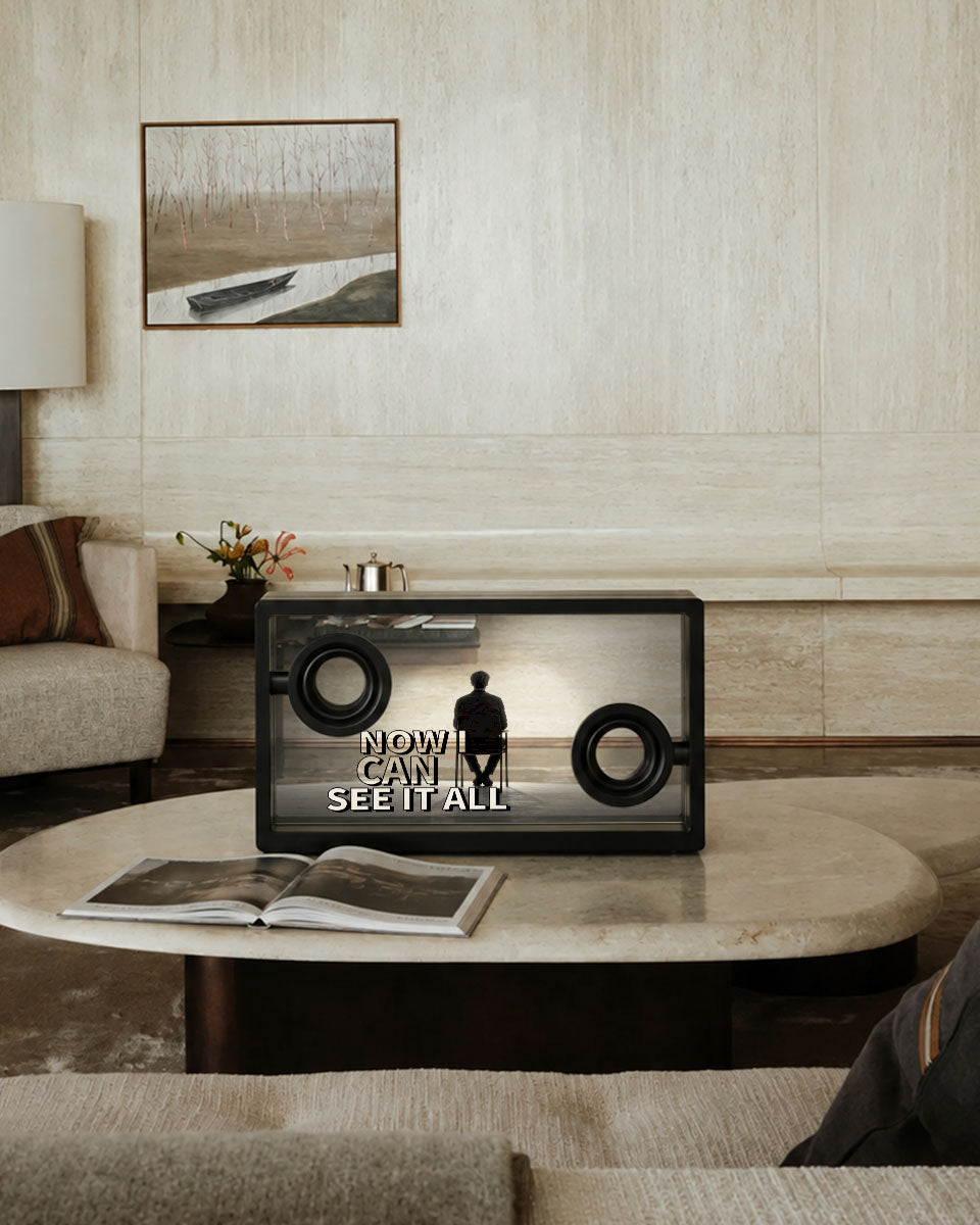 Transparent speaker in a modern living room