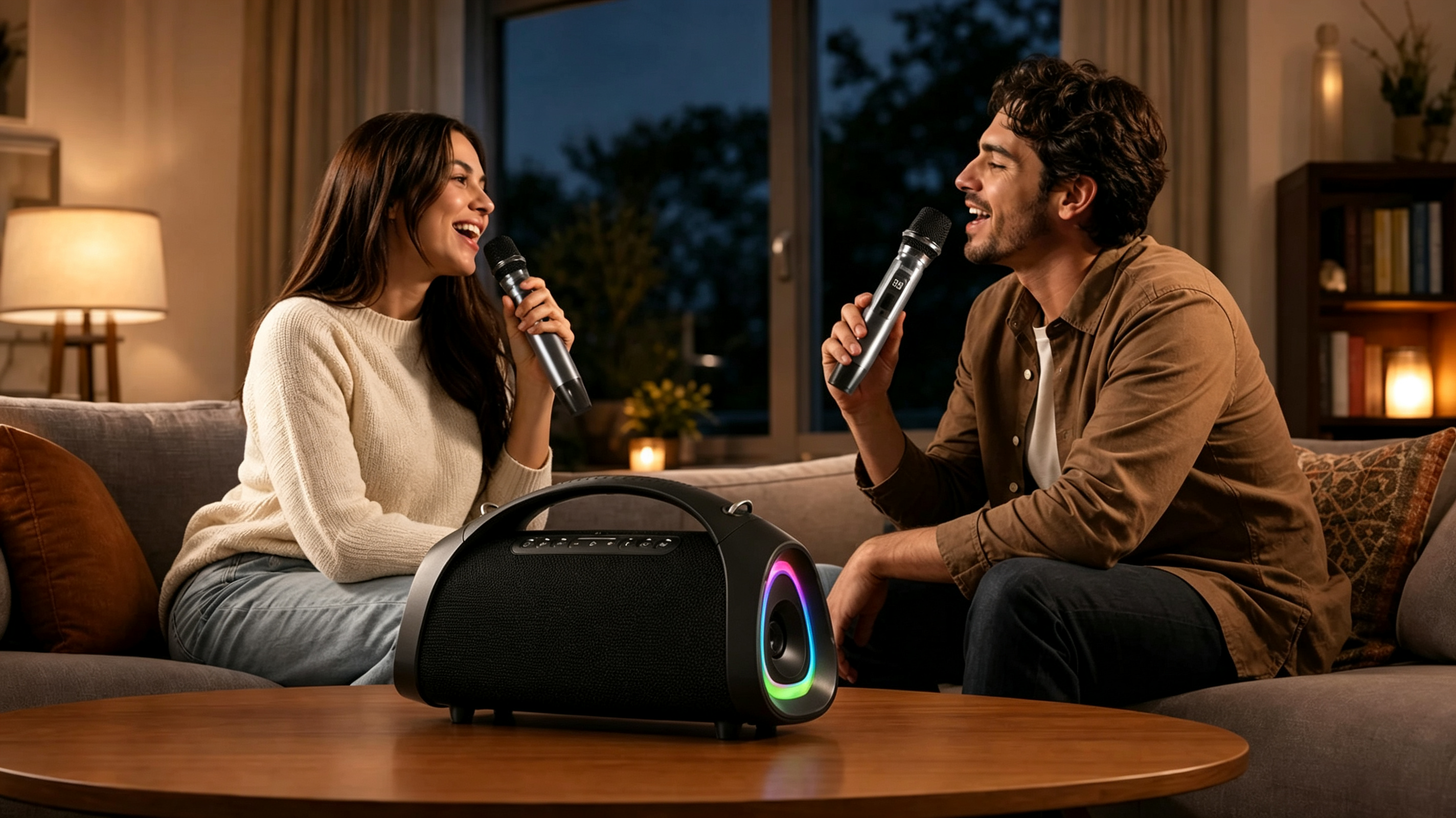 Portable speaker with two wireless microphones