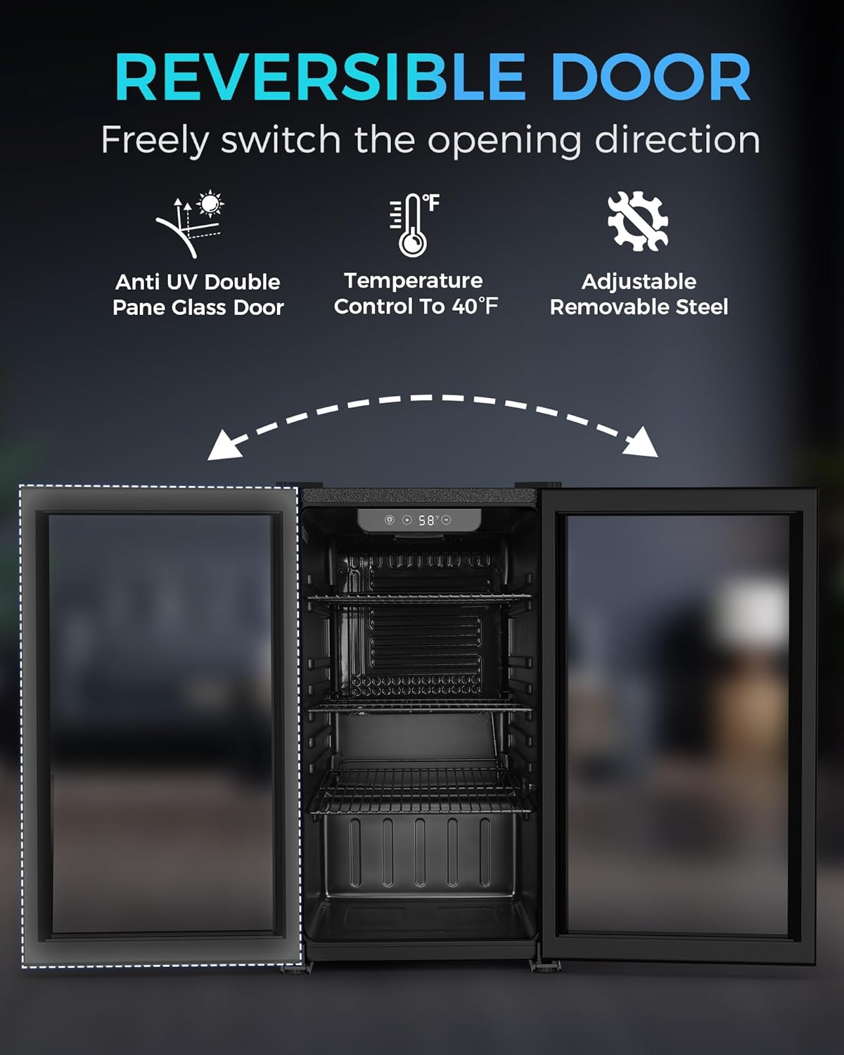 Reversible door design showing left and right opening options with anti-UV double pane glass door