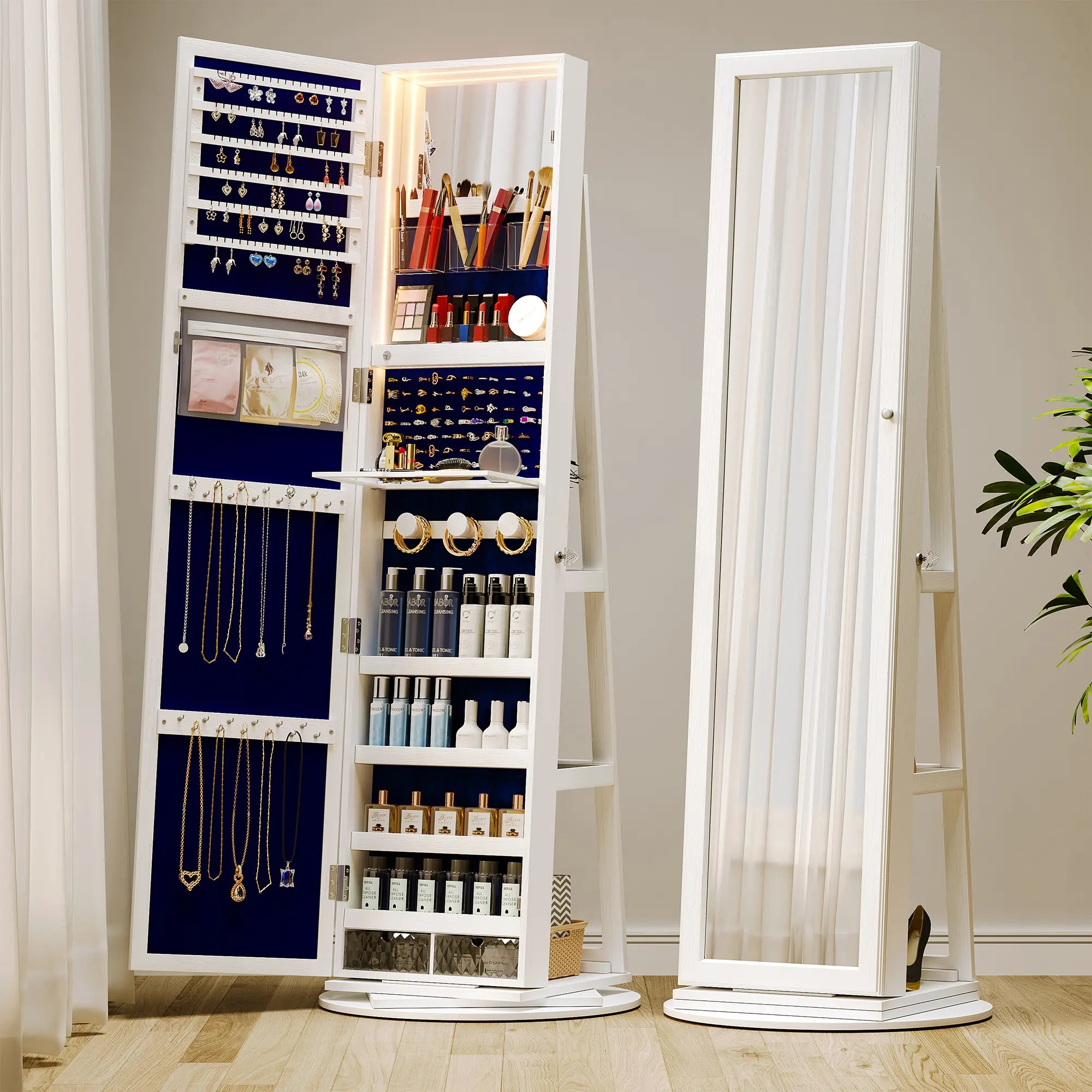🪞 360° Rotating LED Lockable Jewelry Armoire with Full‑Length Mirror
