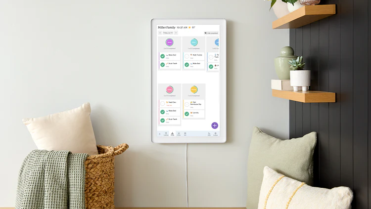 Interactive chore chart on smart calendar display encouraging healthy habits and autonomy for kids with routine tasks