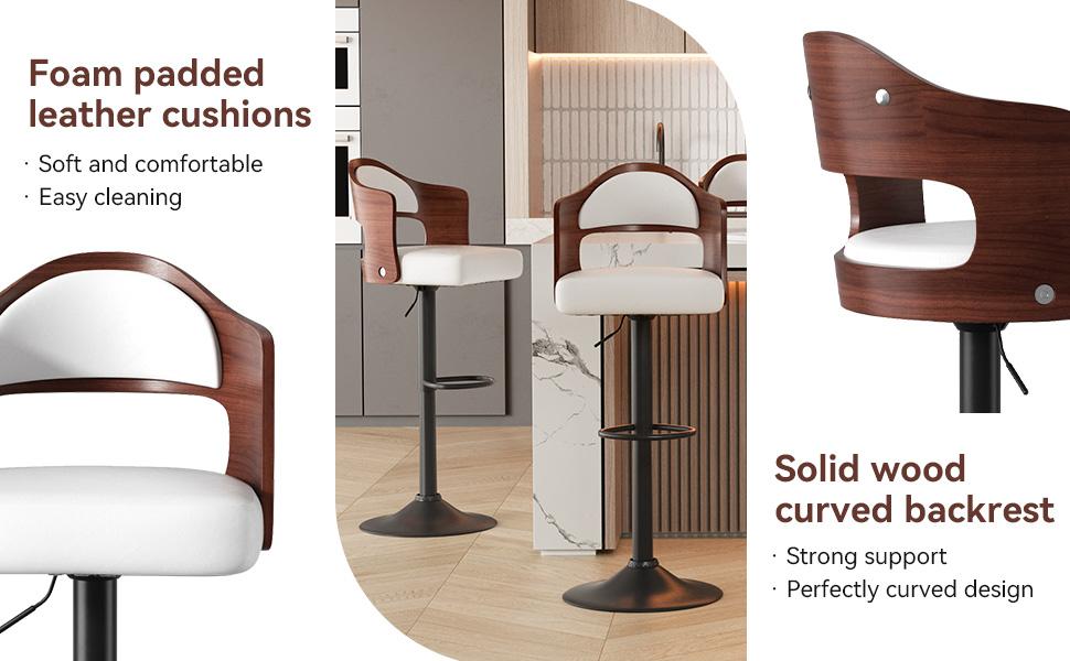 Swivel Bar Stools Set of 1/2 Seat Adjustable Height 24.5-33.5IN, Wooden Barstools PU Leather Upholstered Bar Chairs with Back & Footrest for Bar Kitchen Dining Room