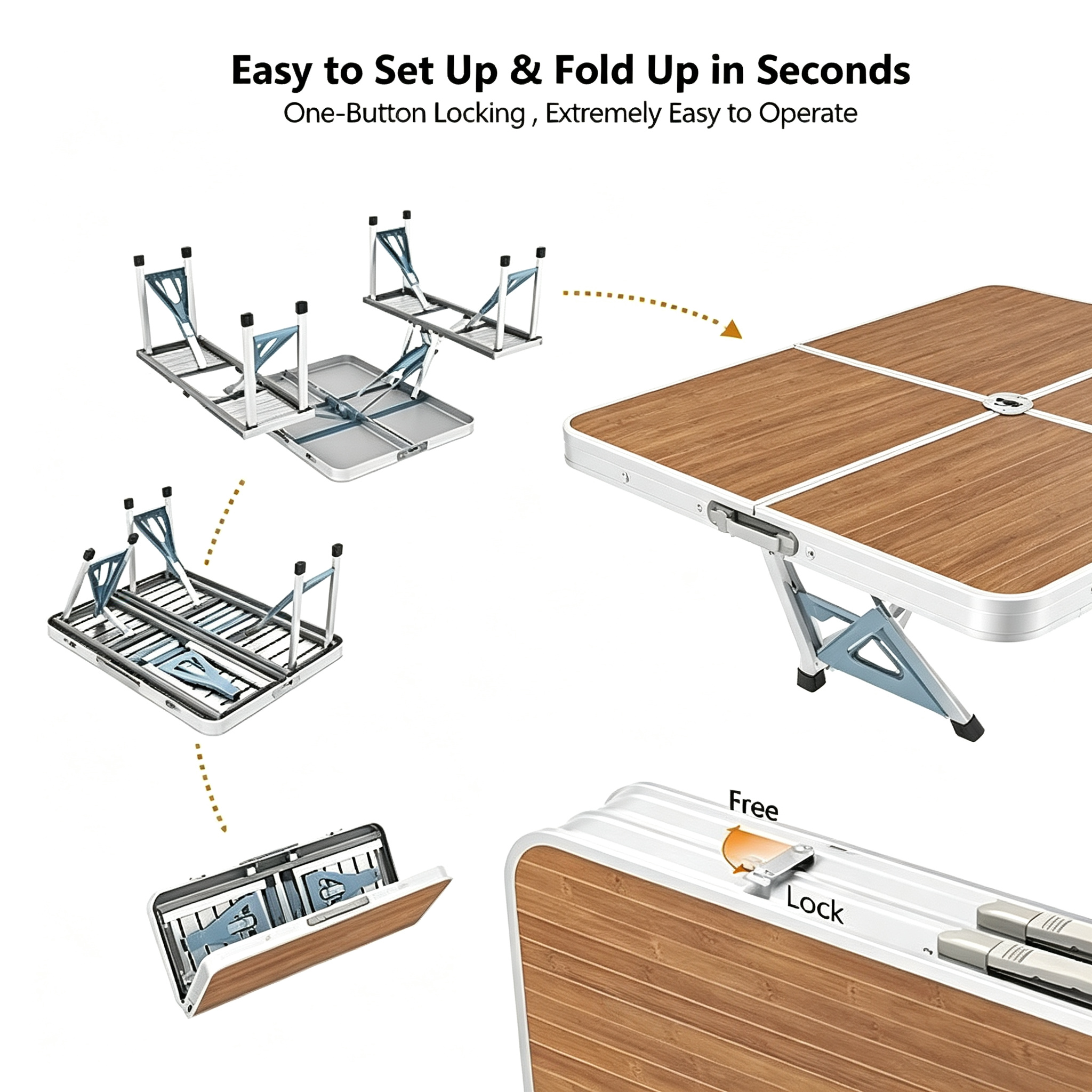 4 Ft Camping Picnic Table Set with 4 Seats with Umbrella Hole Folding Lightweight Suitcase Card Table-220 Lbs Support Aluminum Frame, Plastic RV Tabletop for Barbecue,Travel,Outing,Gathering