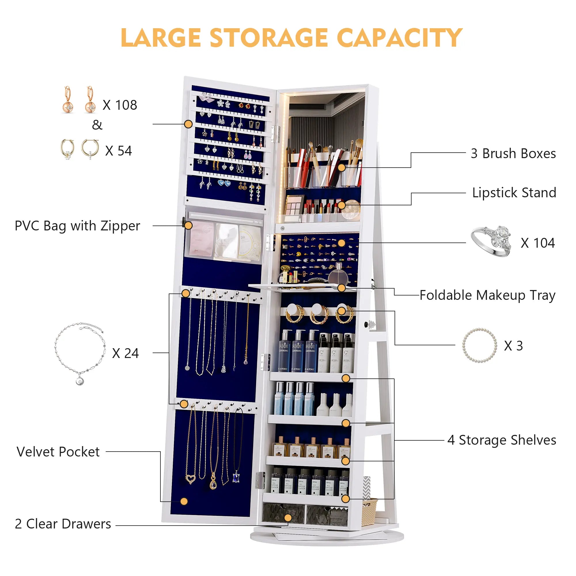 🪞 360° Rotating LED Lockable Jewelry Armoire with Full‑Length Mirror