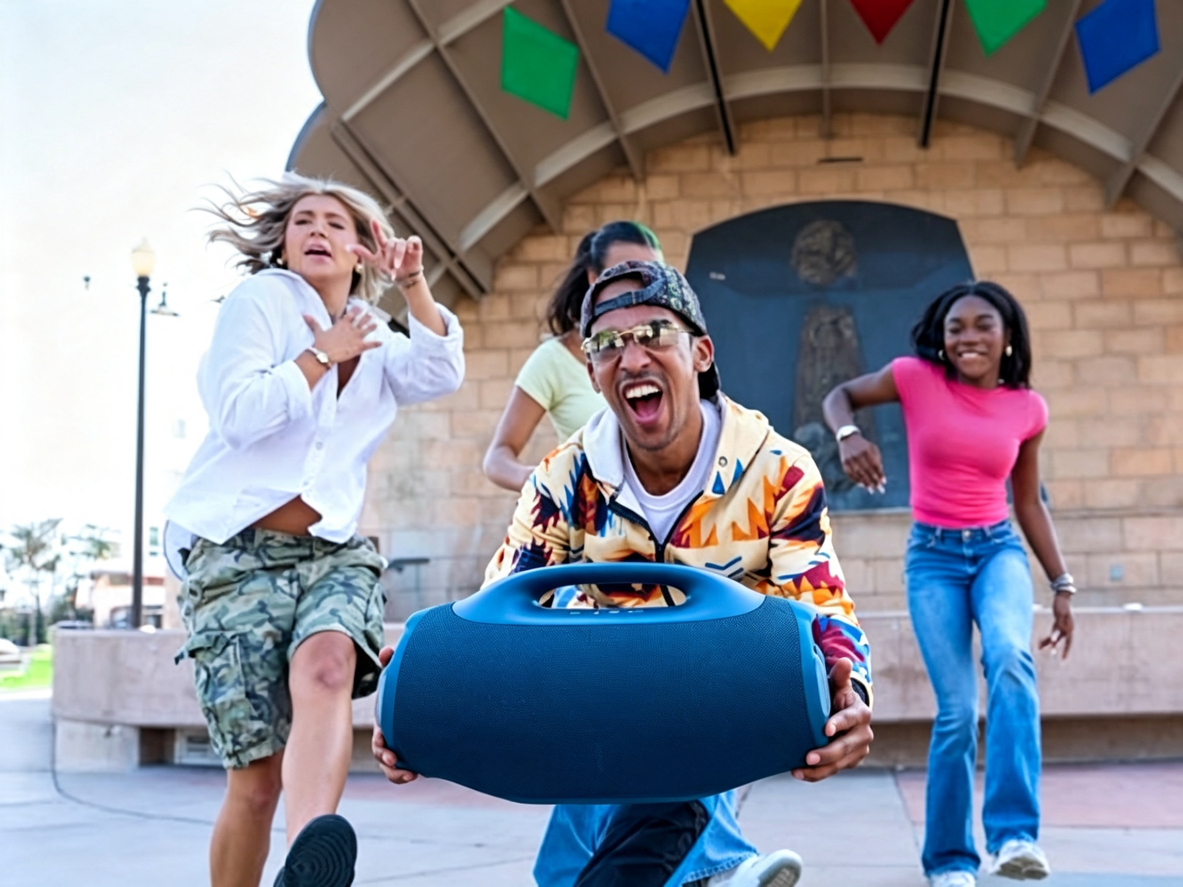 Group of friends enjoying portable Bluetooth party speaker outdoors