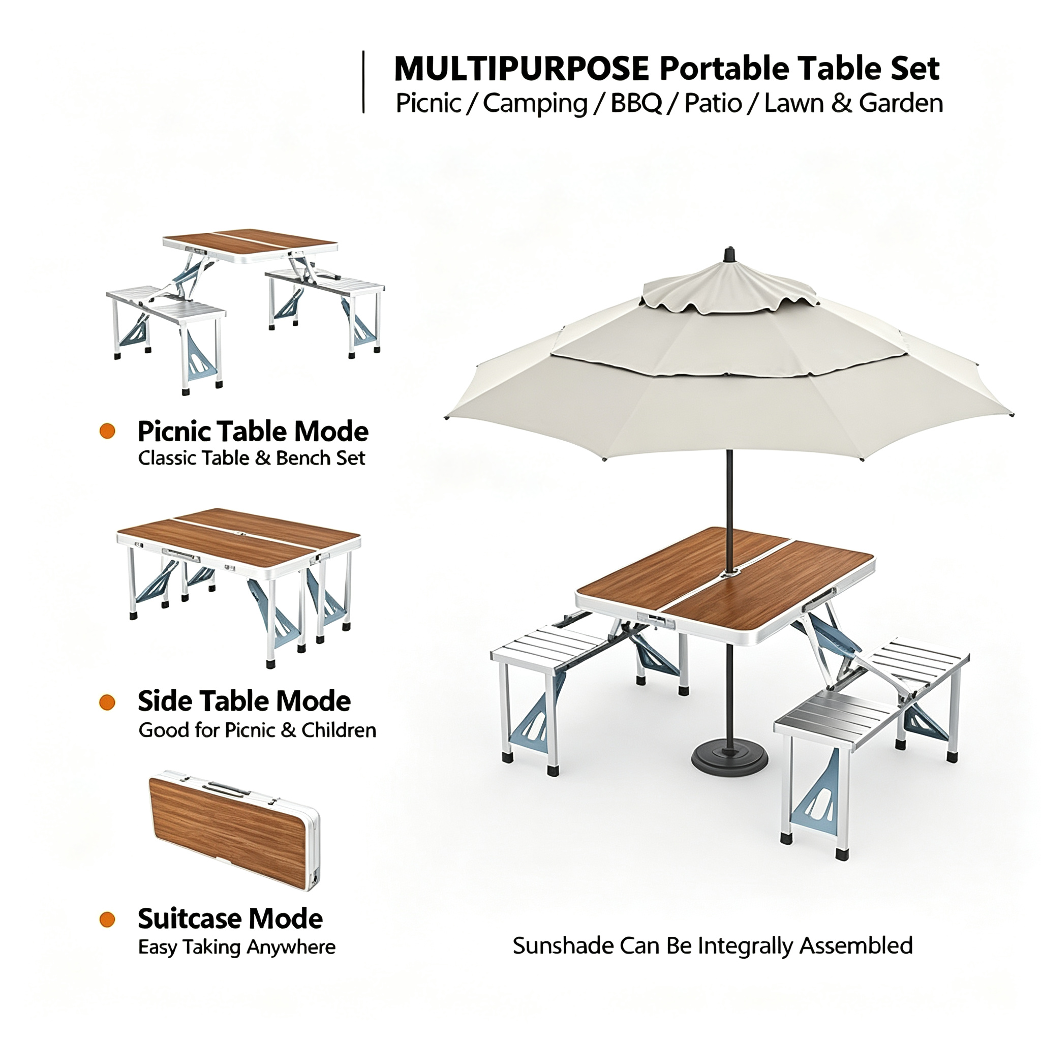 4 Ft Camping Picnic Table Set with 4 Seats with Umbrella Hole Folding Lightweight Suitcase Card Table-220 Lbs Support Aluminum Frame, Plastic RV Tabletop for Barbecue,Travel,Outing,Gathering