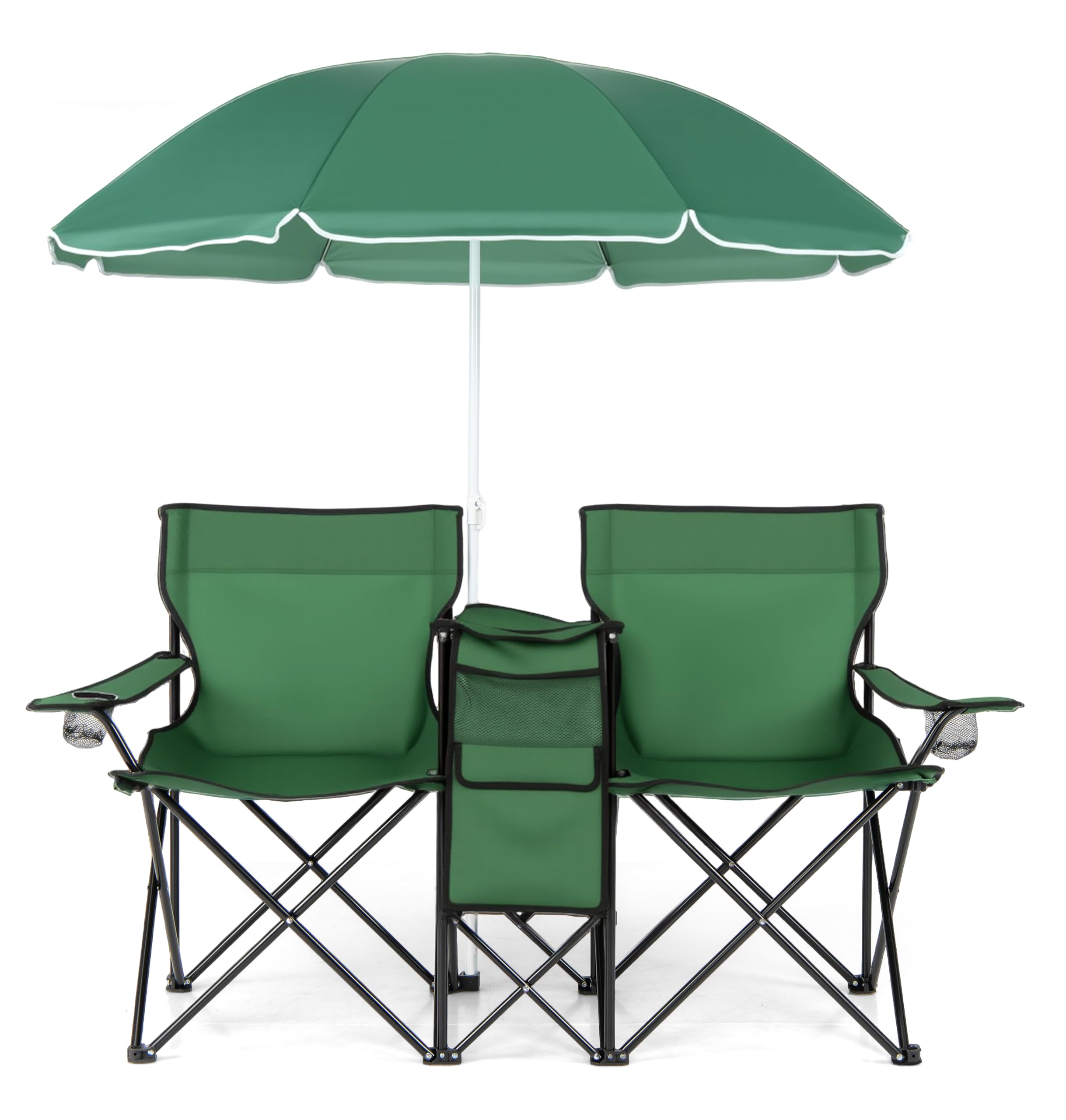 Portable Double Camping Chair with Adjustable Umbrella & Cooler Bag