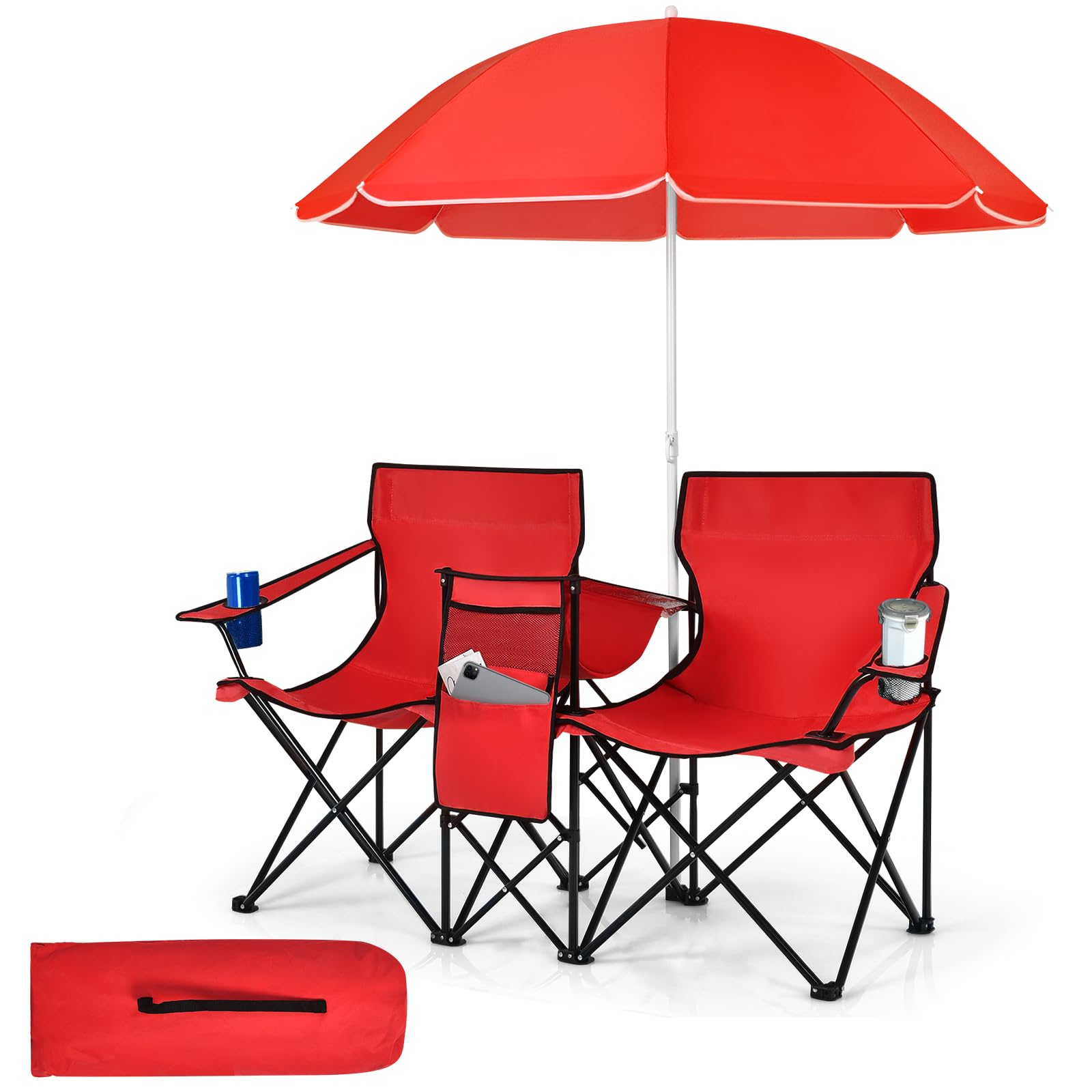 Portable Double Camping Chair with Adjustable Umbrella & Cooler Bag
