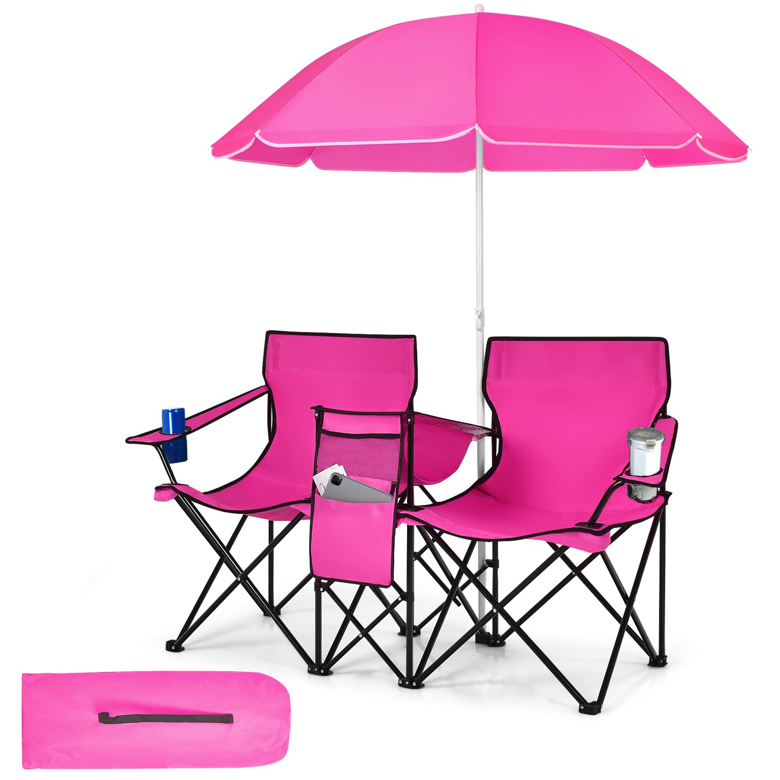 Portable Double Camping Chair with Adjustable Umbrella & Cooler Bag