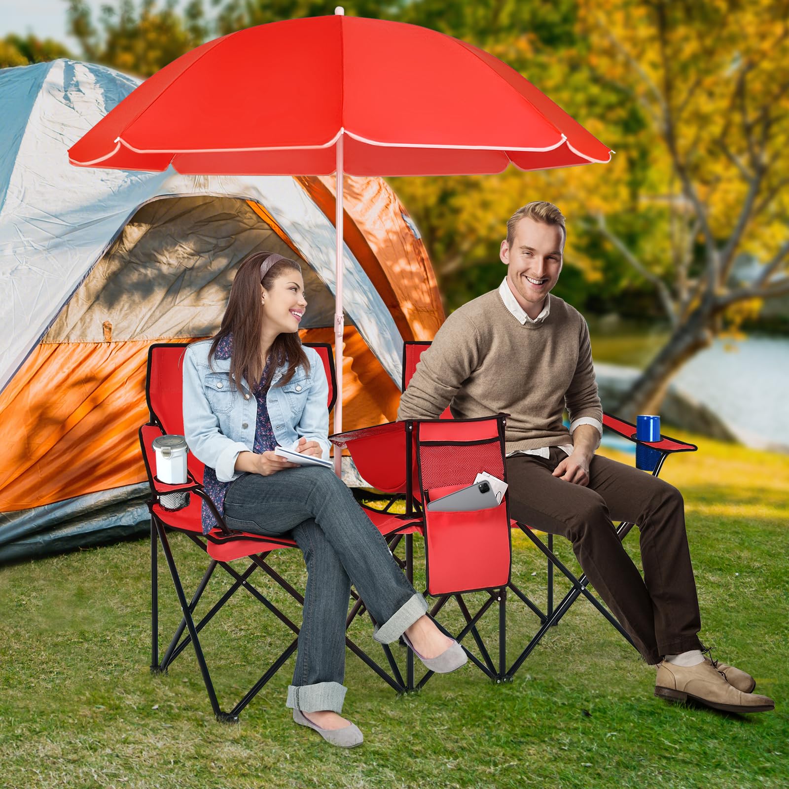 Portable Double Camping Chair with Adjustable Umbrella & Cooler Bag