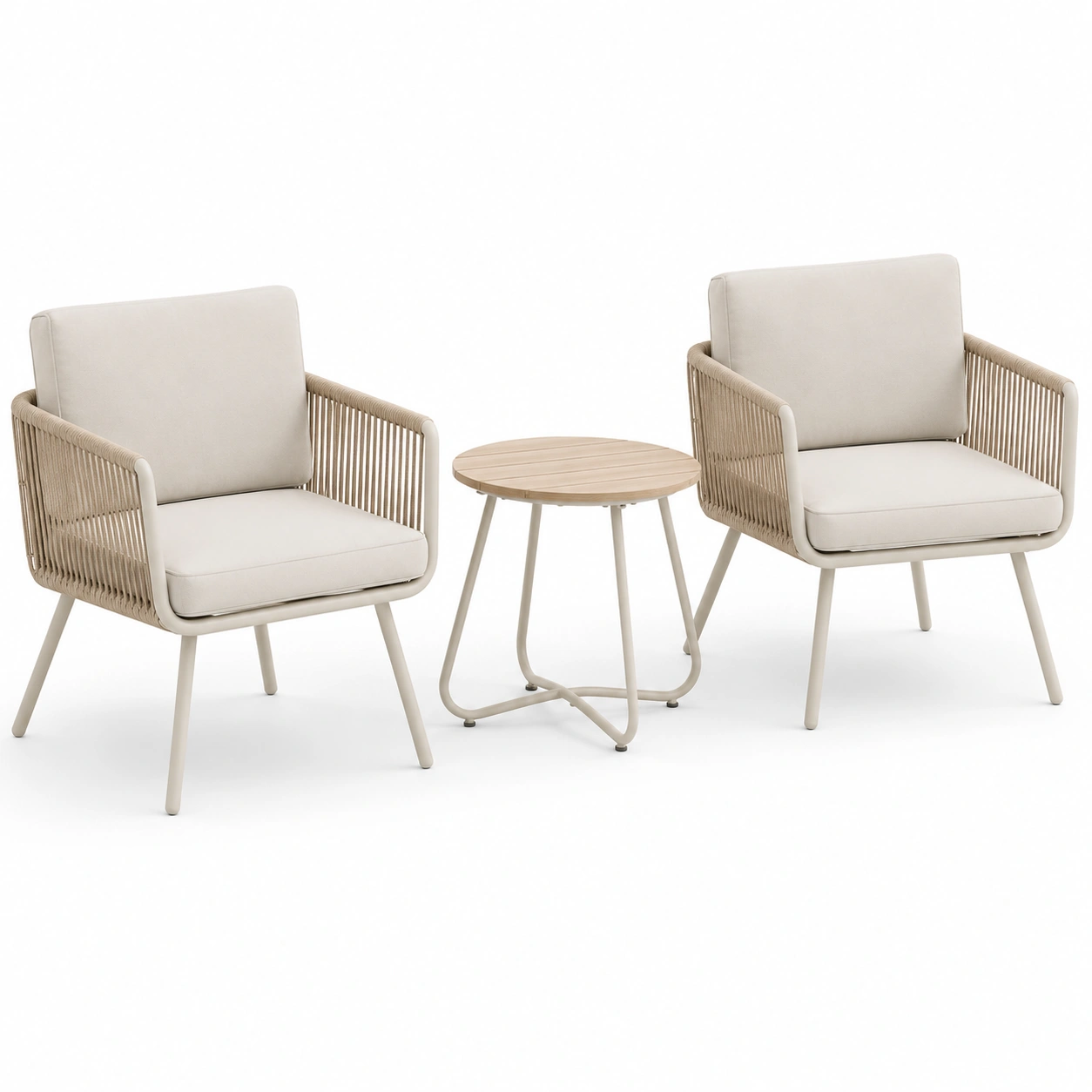 Conjunto de dos sillas tejidas color marfil con mesa redonda-havenoranest